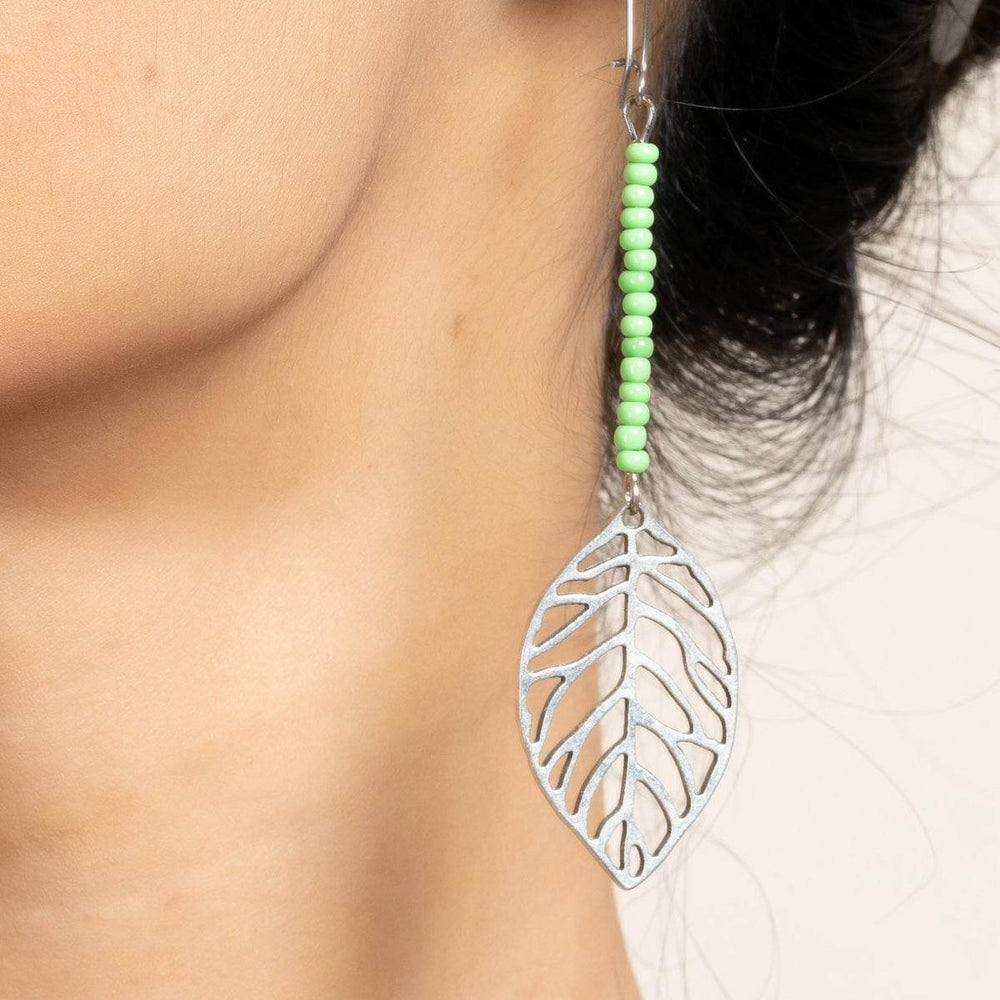 Handcrafted German Silver Leaf Earrings with Green Seed Beads - Nature-Inspired Jewelry - Lookandadorn.com