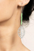 Handcrafted German Silver Leaf Earrings with Green Seed Beads