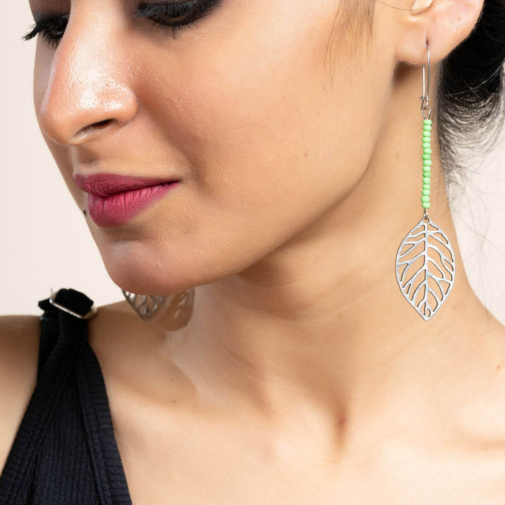 Handcrafted German Silver Leaf Earrings with Green Seed Beads - Nature-Inspired Jewelry - Lookandadorn.com