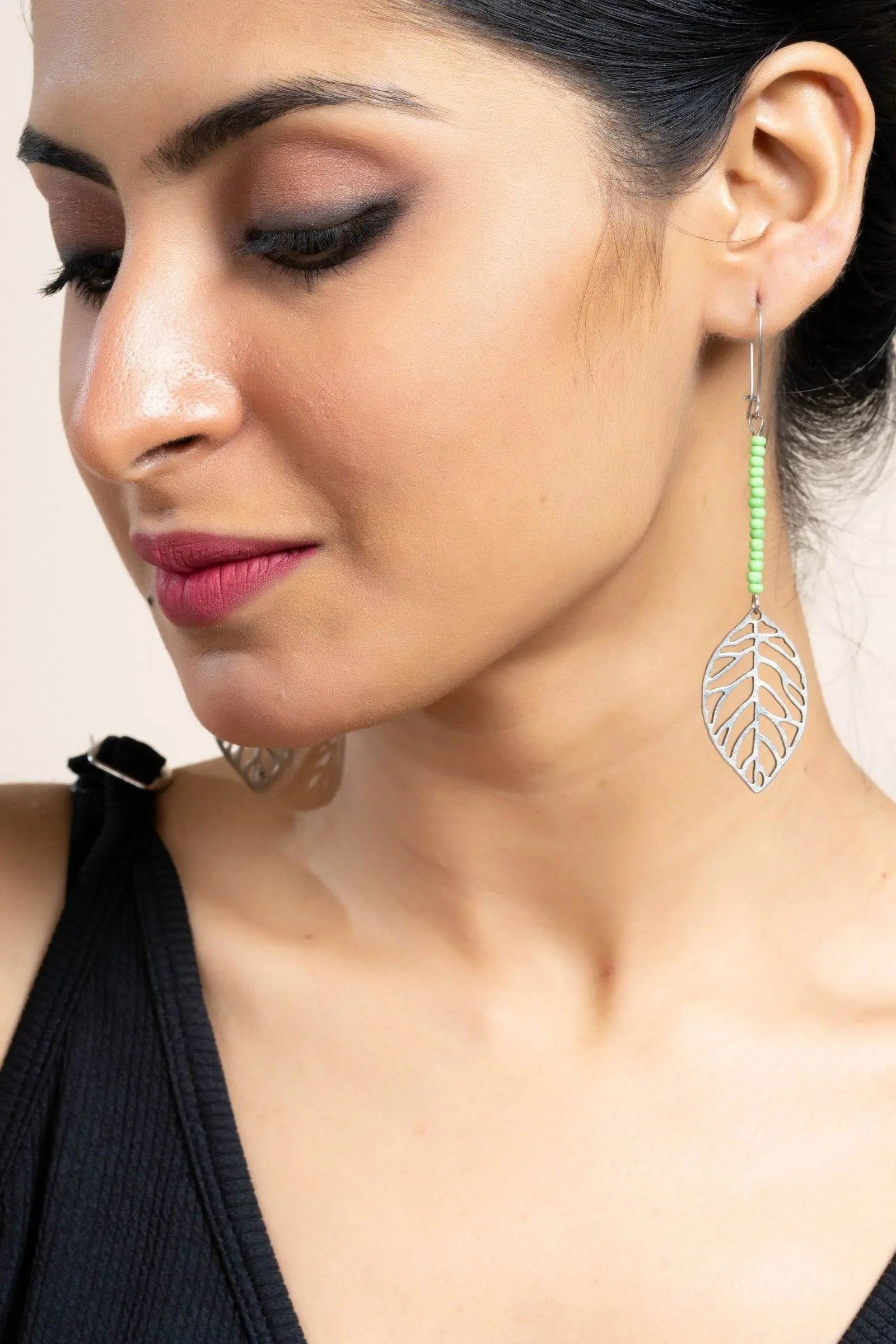 Handcrafted German Silver Leaf Earrings with Green Seed Beads - Nature-Inspired Jewelry - Lookandadorn.com
