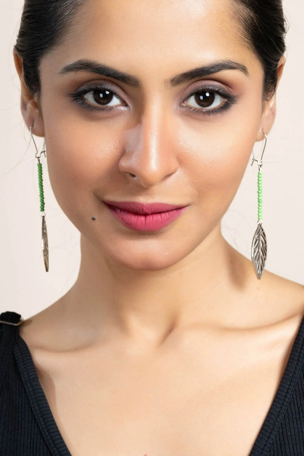 Handcrafted German Silver Leaf Earrings with Green Seed Beads - Nature-Inspired Jewelry - Lookandadorn.com