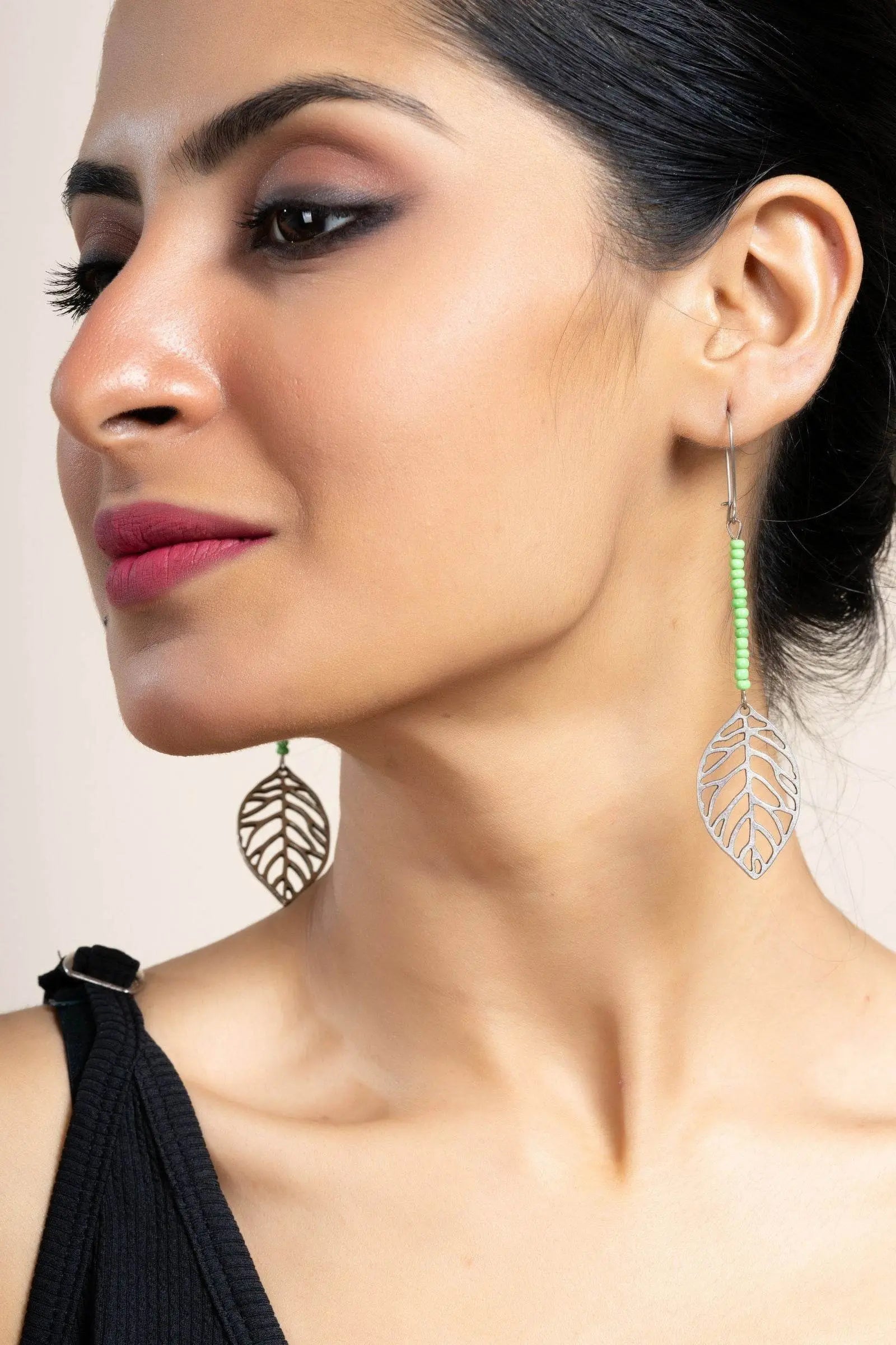 Handcrafted German Silver Leaf Earrings with Green Seed Beads - Nature-Inspired Jewelry - Lookandadorn.com