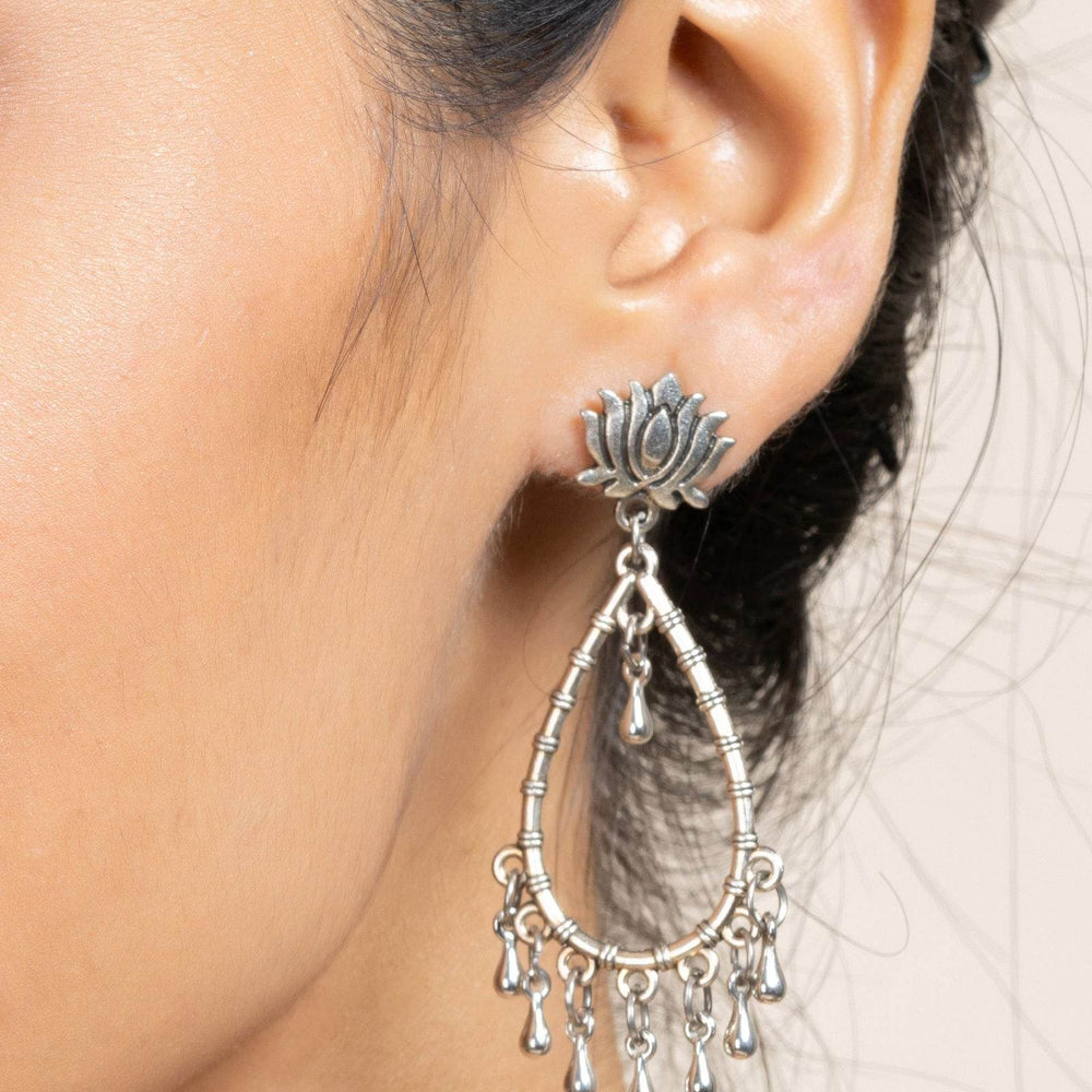 German Silver Handmade Lotus Stud Drop Chandbali Earrings for Daily and Occasional Wear - Lookandadorn.com