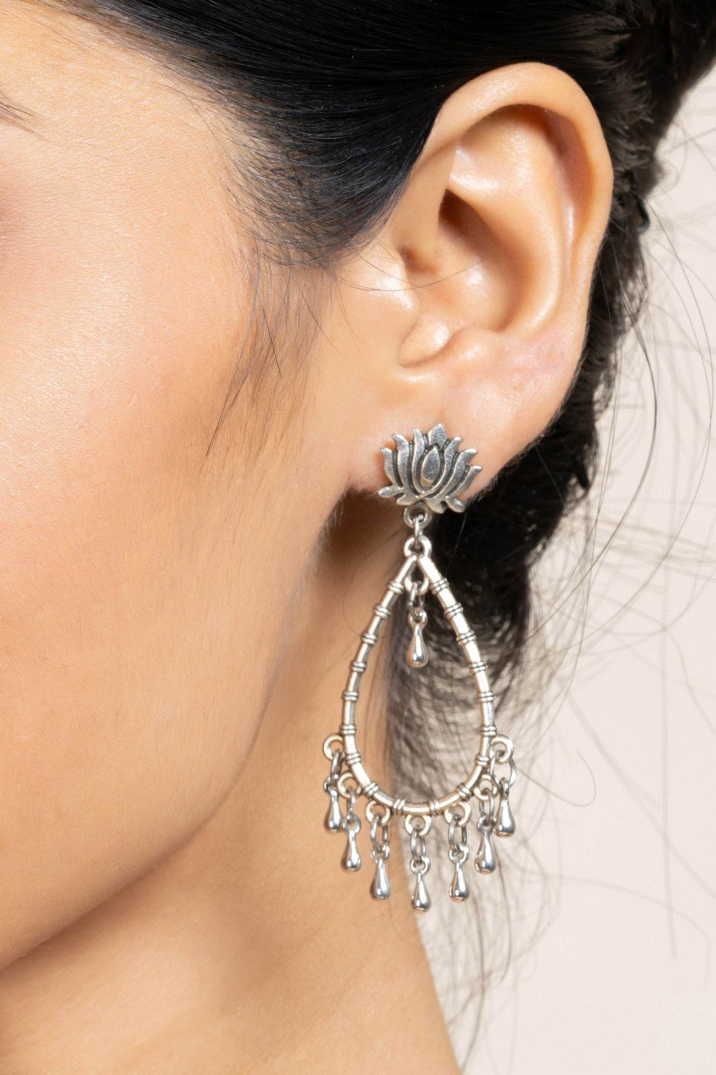 German Silver Handmade Lotus Stud Drop Chandbali Earrings for Daily and Occasional Wear - Lookandadorn.com