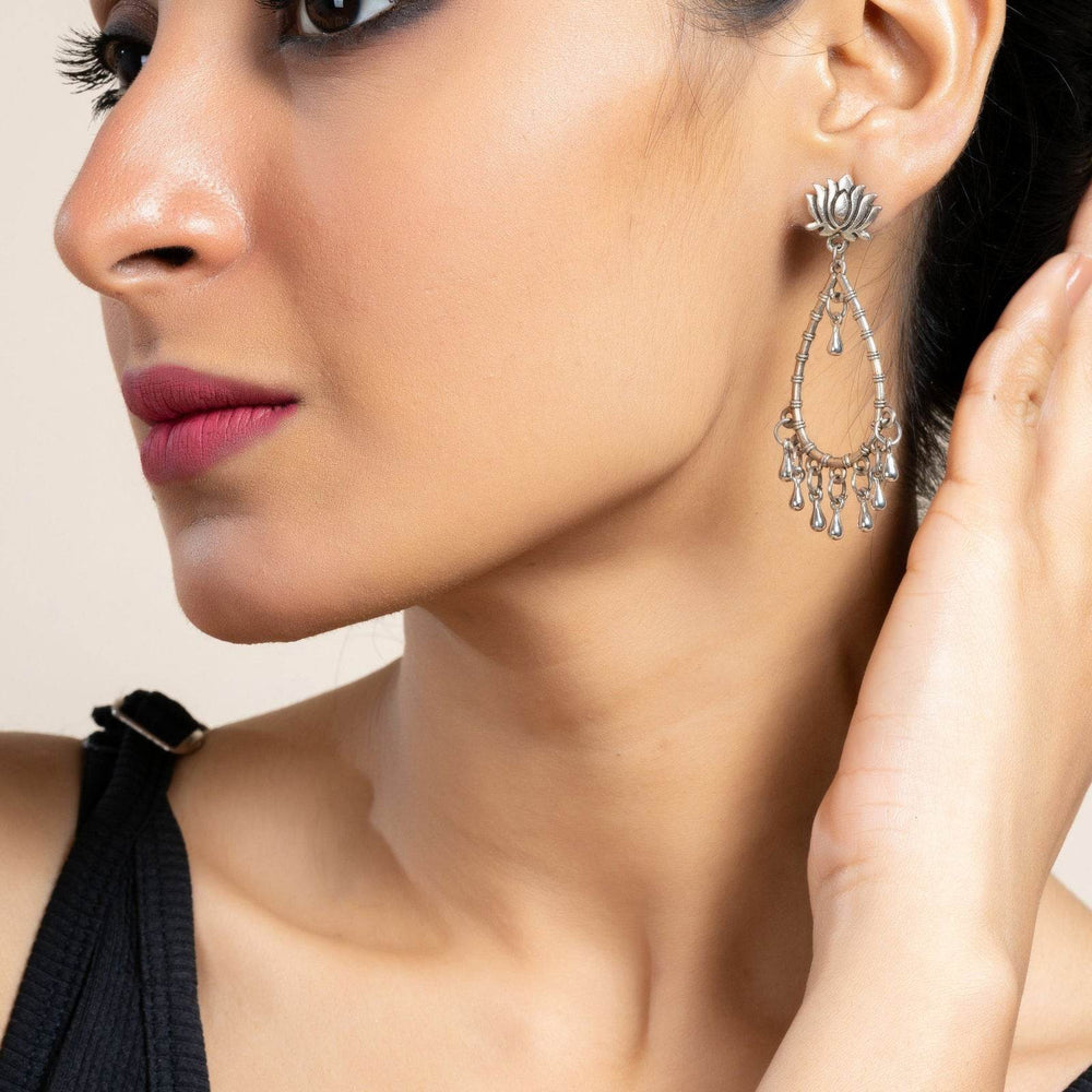 German Silver Handmade Lotus Stud Drop Chandbali Earrings for Daily and Occasional Wear - Lookandadorn.com