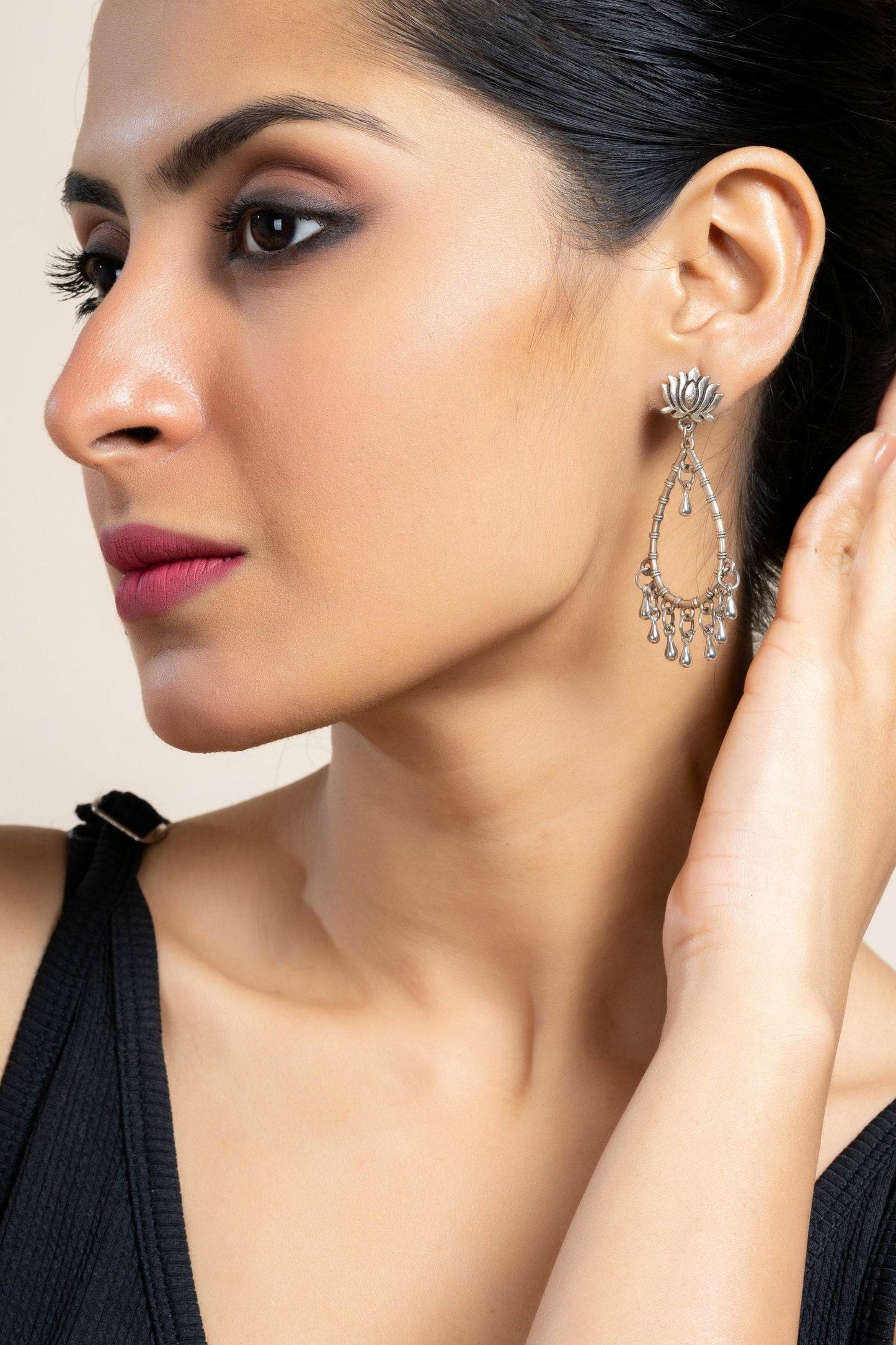 German Silver Handmade Lotus Stud Drop Chandbali Earrings for Daily and Occasional Wear - Lookandadorn.com