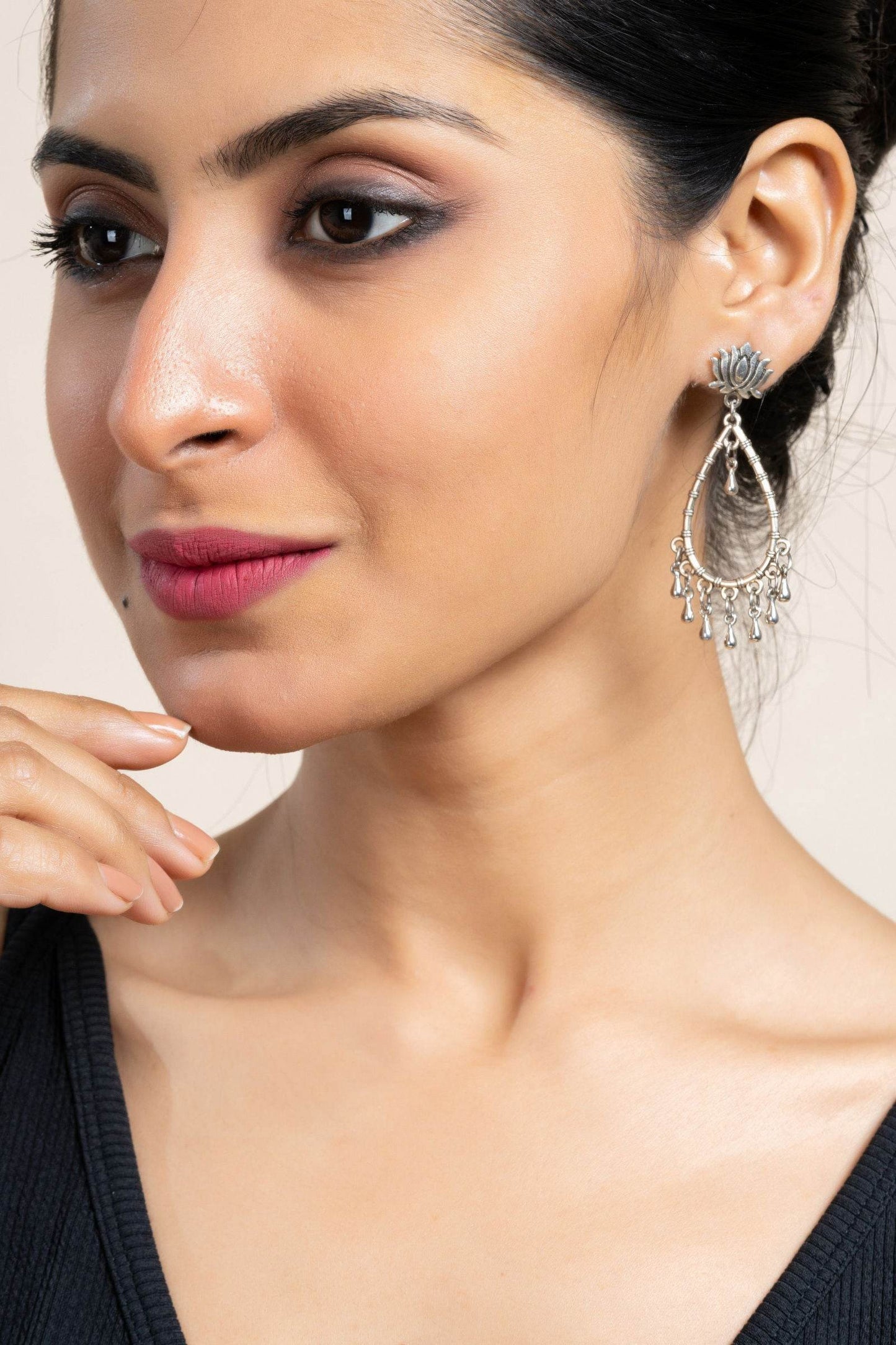 German Silver Handmade Lotus Stud Drop Chandbali Earrings for Daily and Occasional Wear - Lookandadorn.com