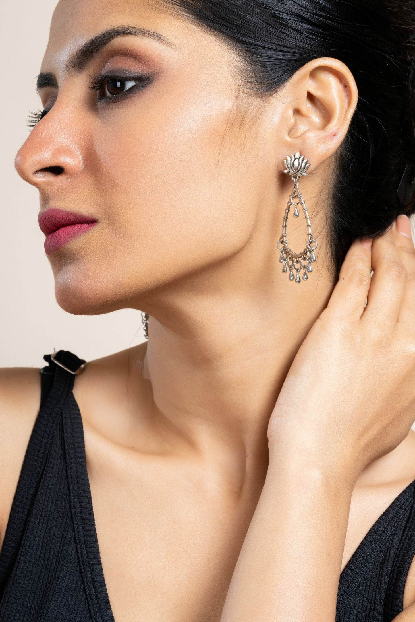 German Silver Handmade Lotus Stud Drop Chandbali Earrings for Daily and Occasional Wear - Lookandadorn.com