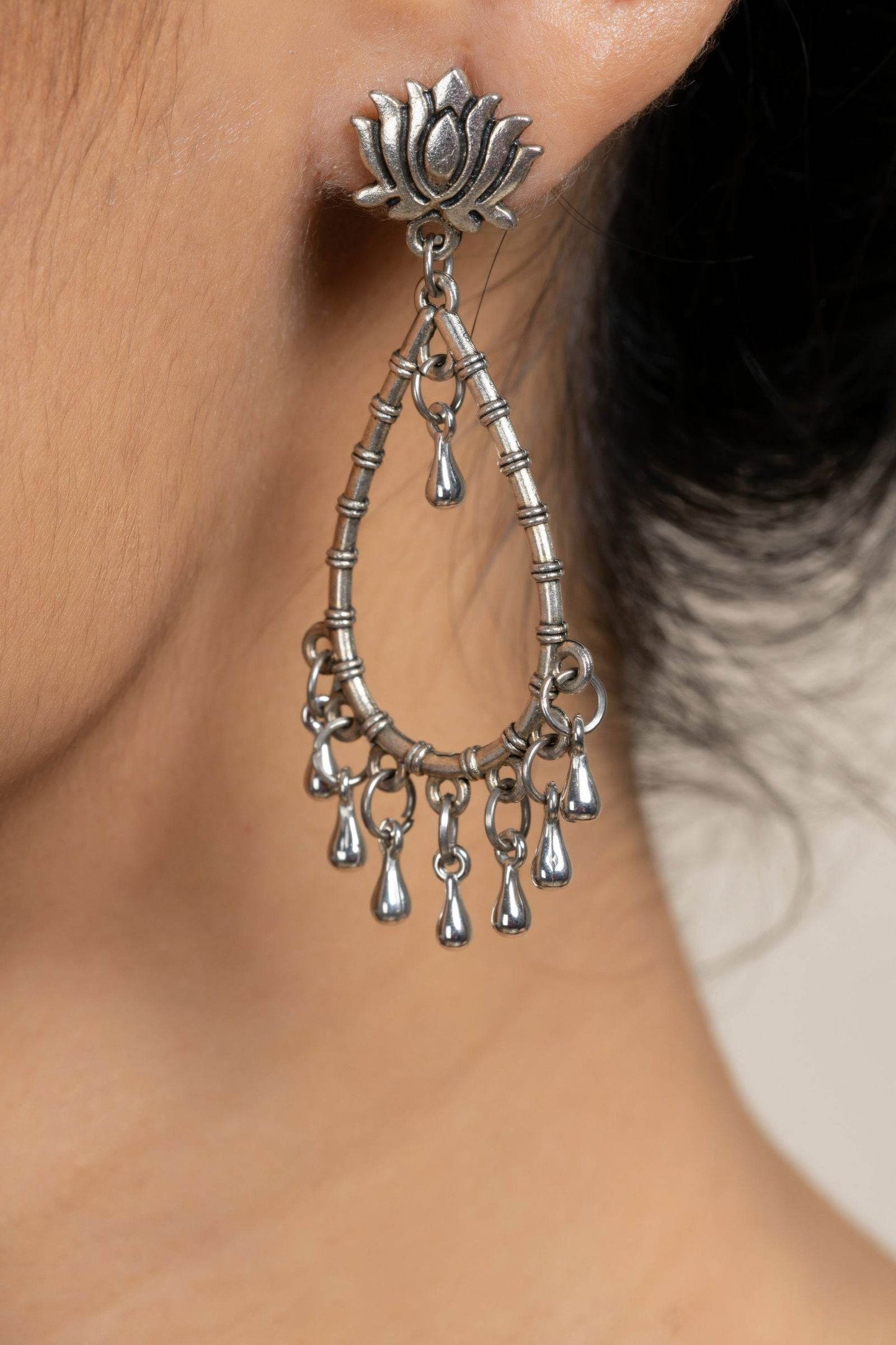 German Silver Handmade Lotus Stud Drop Chandbali Earrings for Daily and Occasional Wear - Lookandadorn.com
