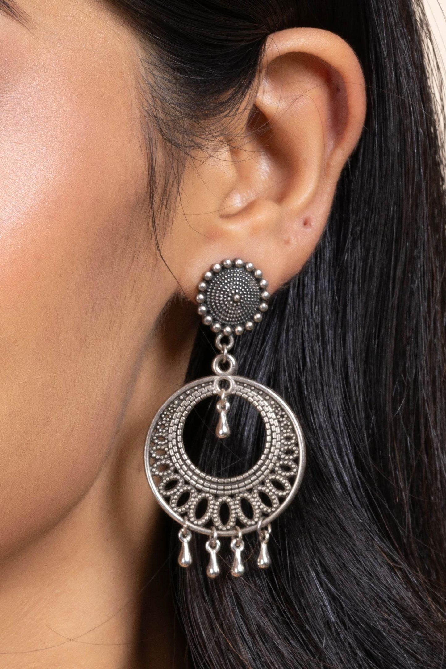 Handmade German Silver Round Stud Chandbali Earrings - Oxidized Finish, Elegant Design for Daily and Party Wear - Lookandadorn.com