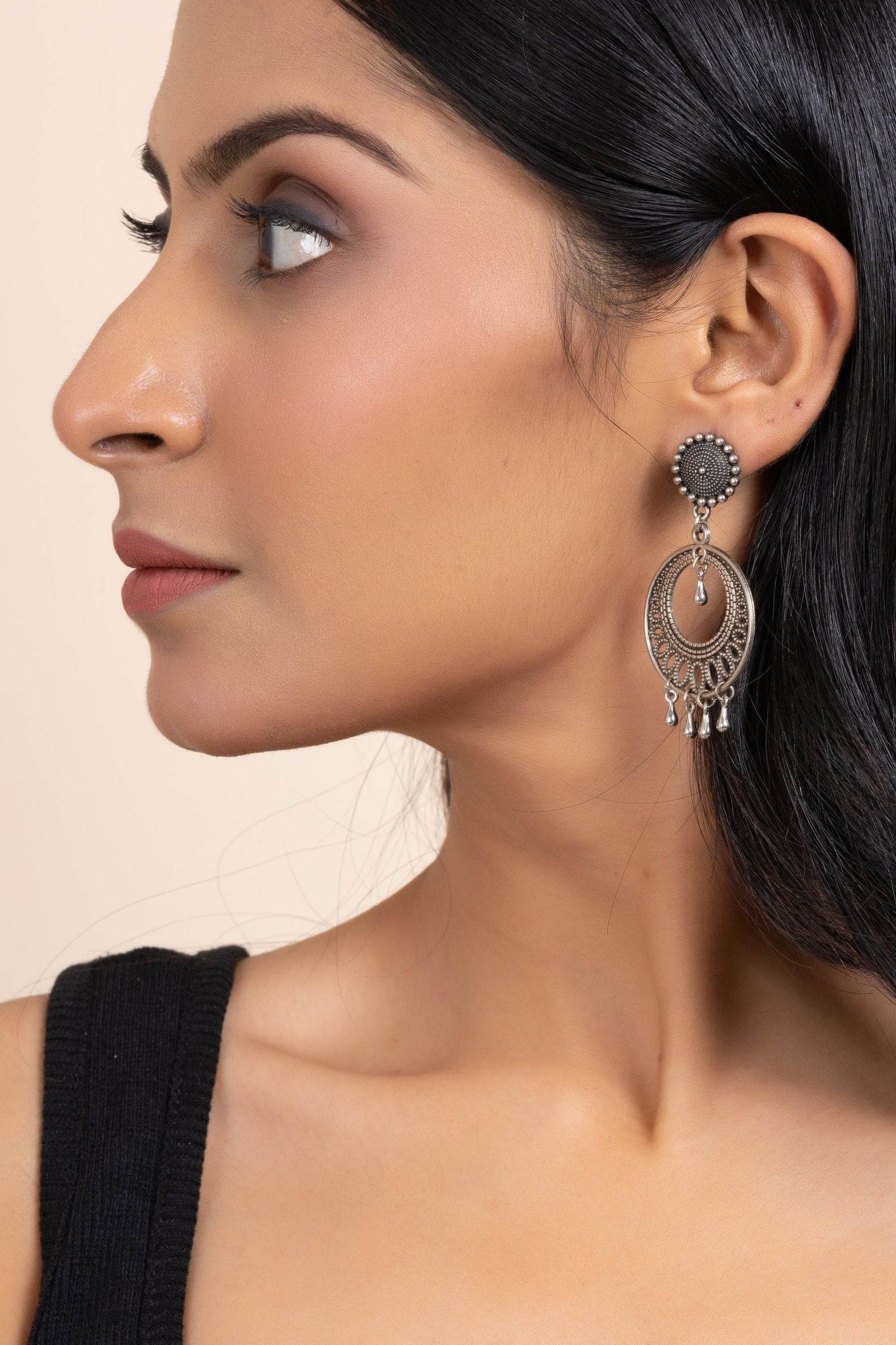 Handmade German Silver Round Stud Chandbali Earrings - Oxidized Finish, Elegant Design for Daily and Party Wear - Lookandadorn.com
