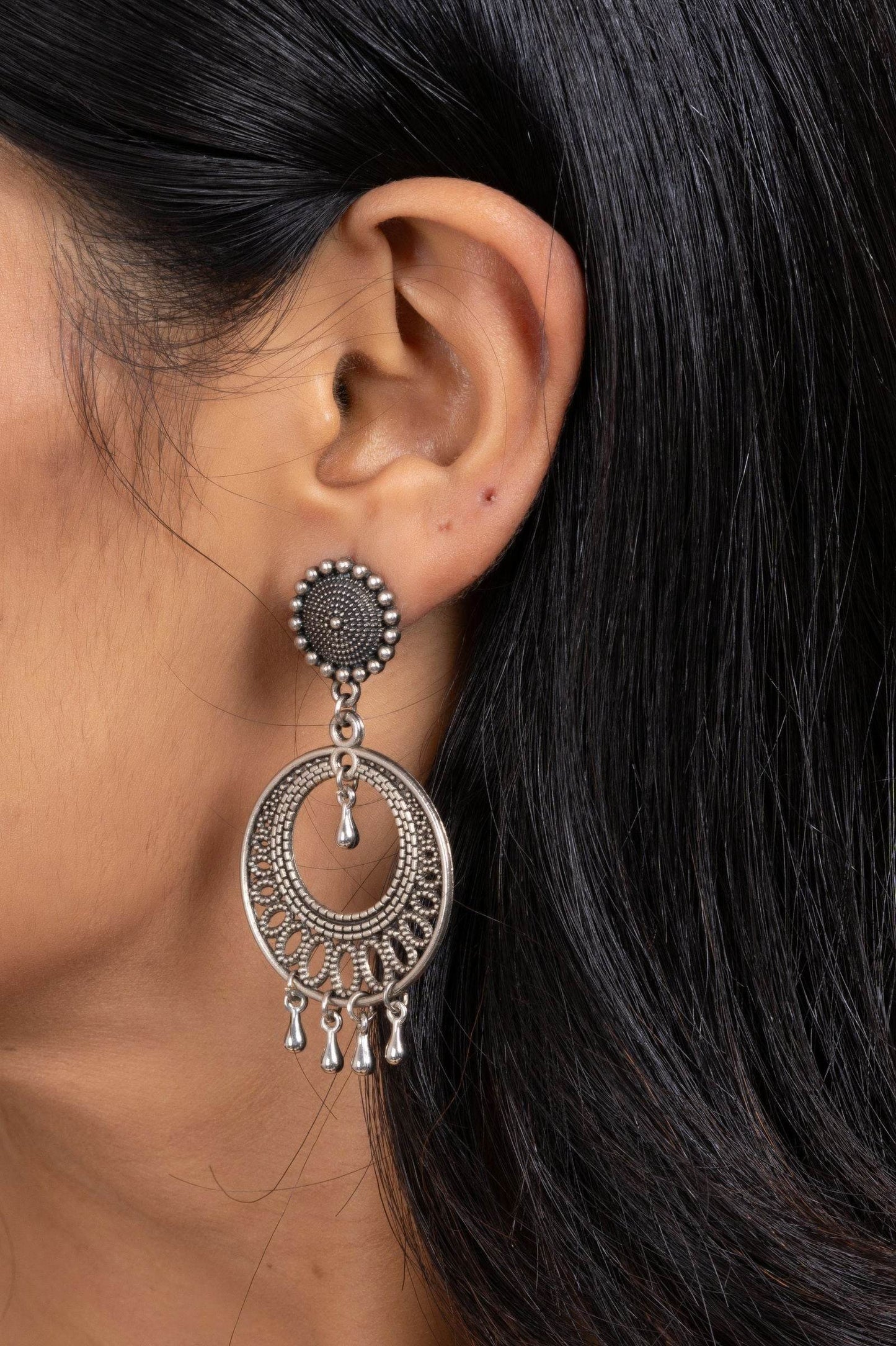 Handmade German Silver Round Stud Chandbali Earrings - Oxidized Finish, Elegant Design for Daily and Party Wear - Lookandadorn.com