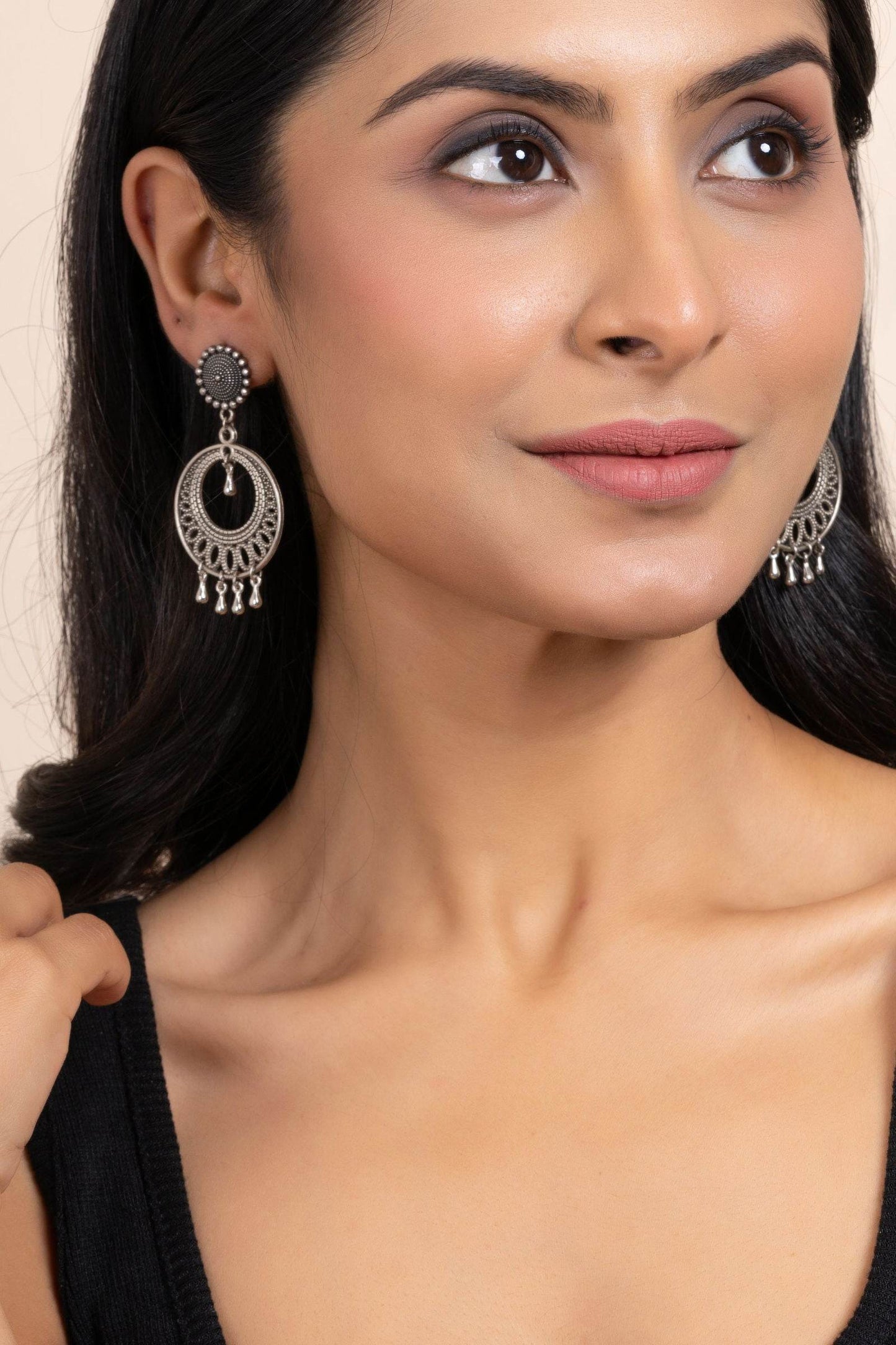 Handmade German Silver Round Stud Chandbali Earrings - Oxidized Finish, Elegant Design for Daily and Party Wear - Lookandadorn.com
