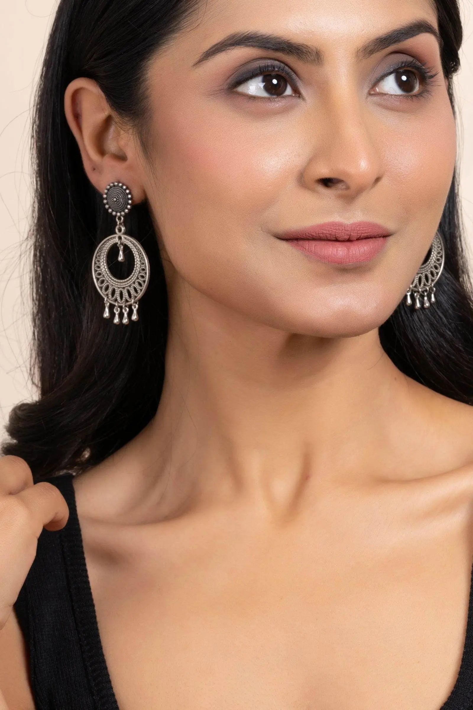 Handmade German Silver Round Stud Chandbali Earrings - Oxidized Finish, Elegant Design for Daily and Party Wear - Lookandadorn.com