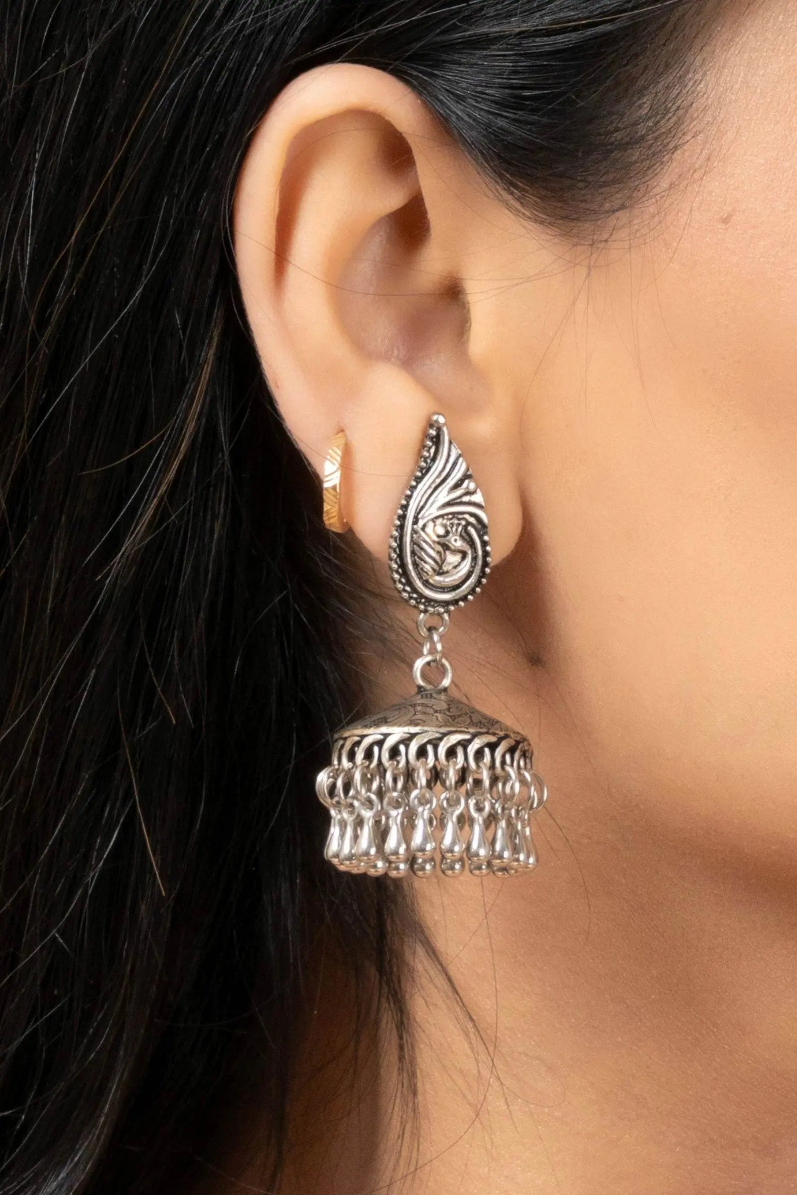 Handmade German Silver Peacock Stud Jhumka Earrings