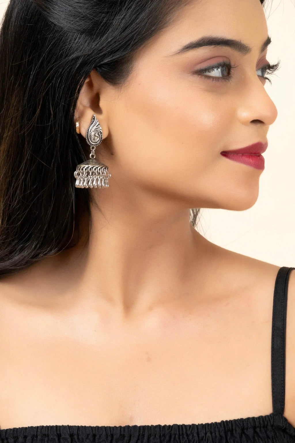 Handmade German Silver Peacock Stud Jhumka Earrings with Oxidized Finish, Lightweight & Elegant - Lookandadorn.com