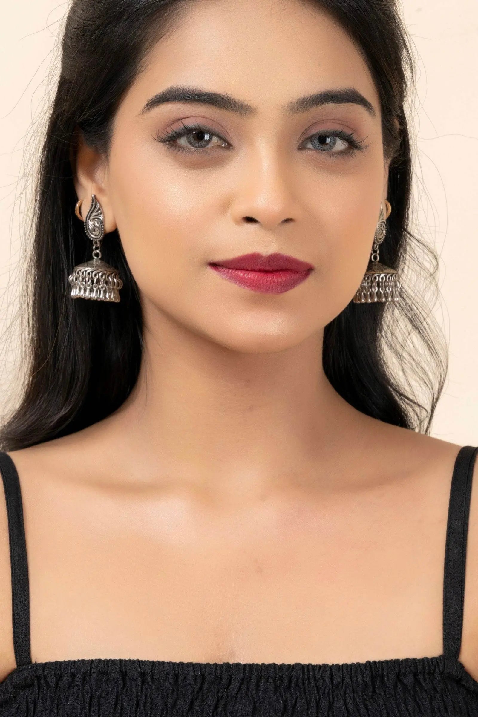 Handmade German Silver Peacock Stud Jhumka Earrings with Oxidized Finish, Lightweight & Elegant - Lookandadorn.com