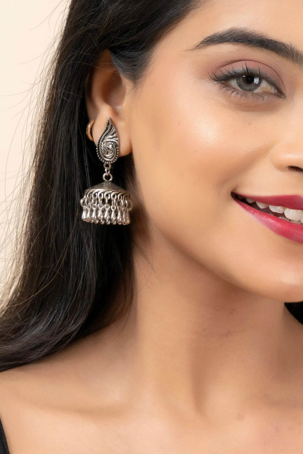 Handmade German Silver Peacock Stud Jhumka Earrings with Oxidized Finish, Lightweight & Elegant - Lookandadorn.com