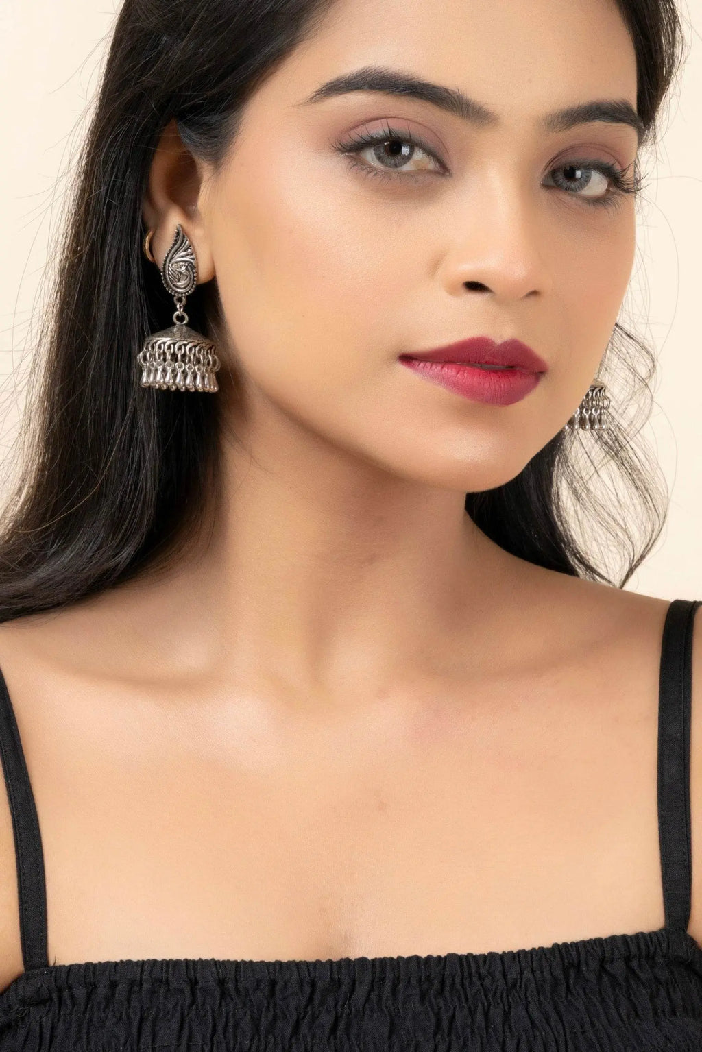 Handmade German Silver Peacock Stud Jhumka Earrings with Oxidized Finish, Lightweight & Elegant - Lookandadorn.com