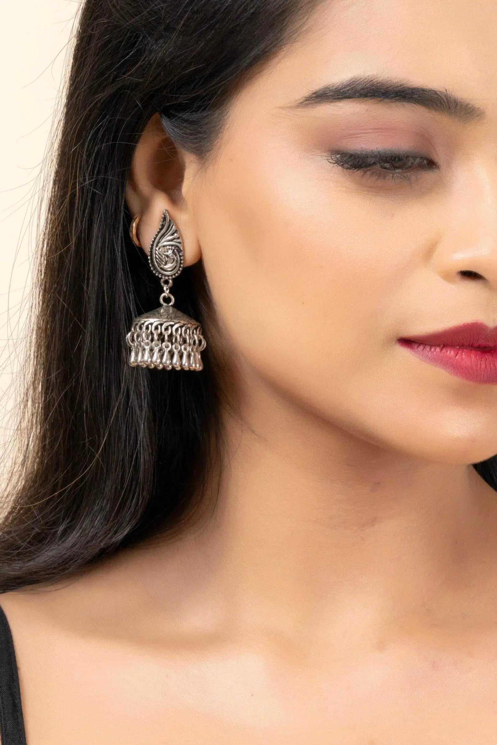 Handmade German Silver Peacock Stud Jhumka Earrings with Oxidized Finish, Lightweight & Elegant - Lookandadorn.com