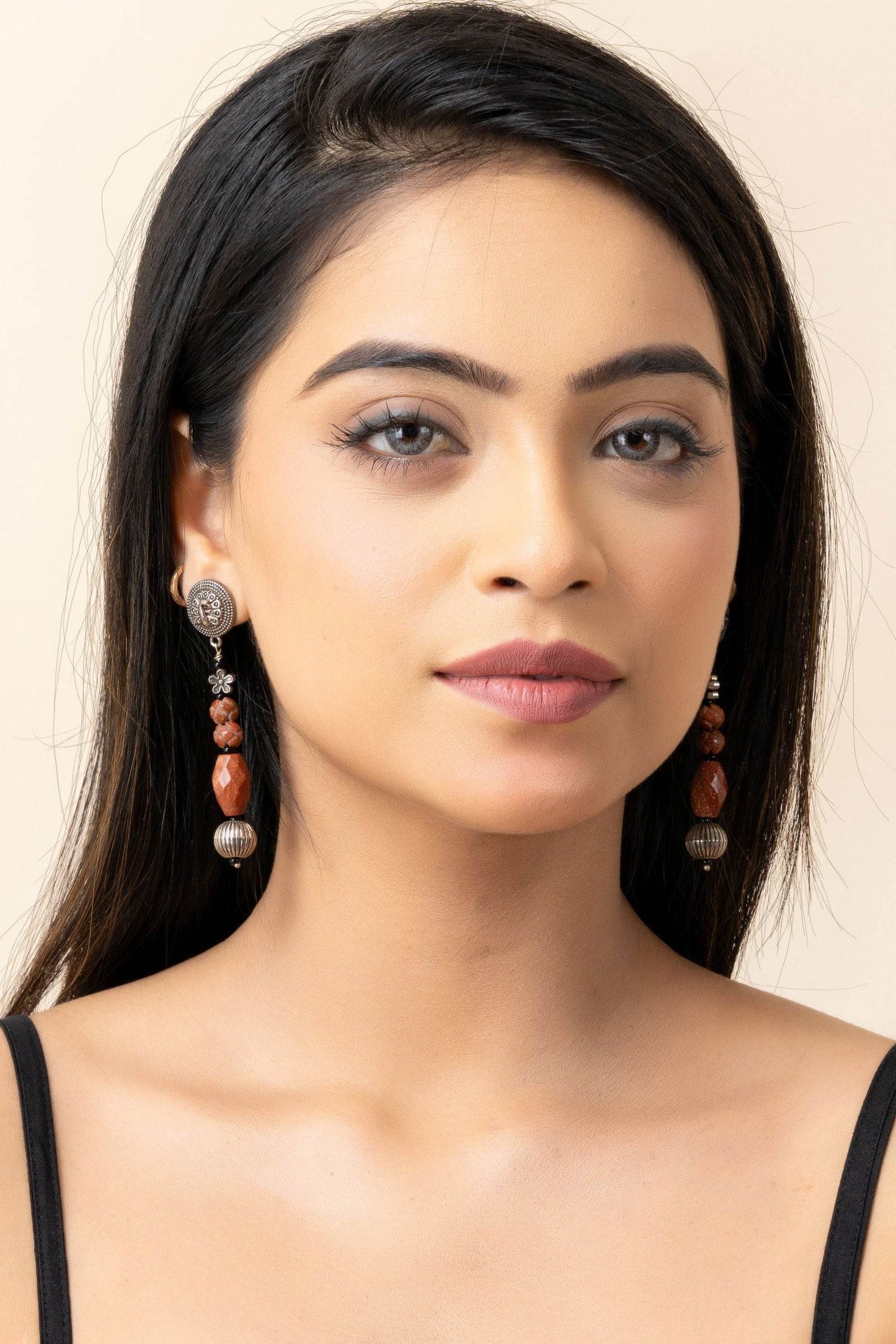 German Silver Peacock Stud Semi Precious Sandstone Dangler Earrings - Lookandadorn.com