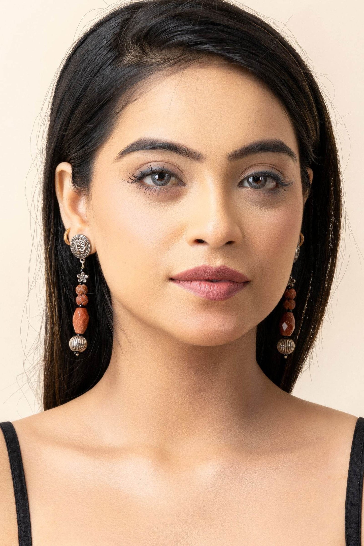 German Silver Peacock Stud Semi Precious Sandstone Dangler Earrings - Lookandadorn.com