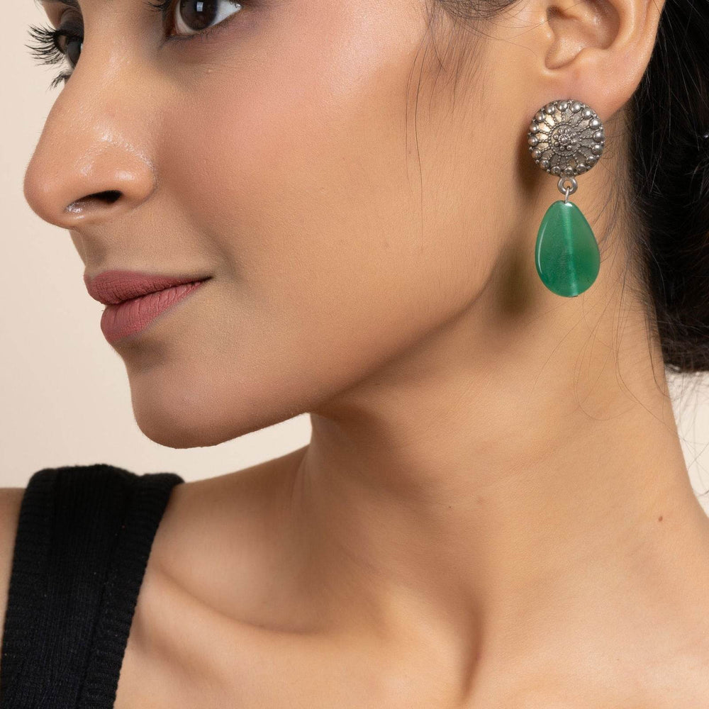 Handmade German Silver Round Stud Earrings with Green Semi Precious Agate Stone - Lookandadorn.com