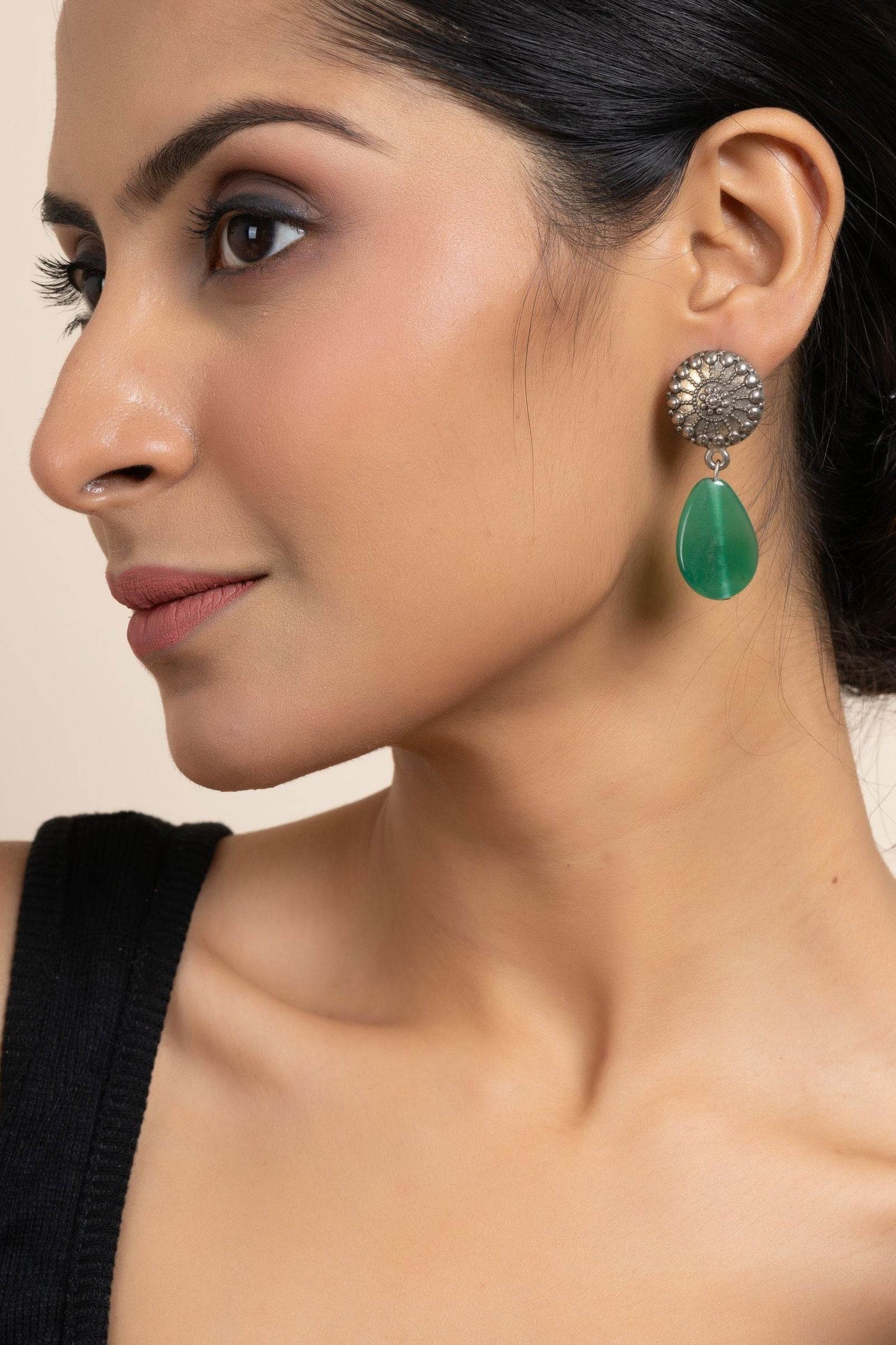 Handmade German Silver Round Stud Earrings with Green Semi Precious Agate Stone - Lookandadorn.com