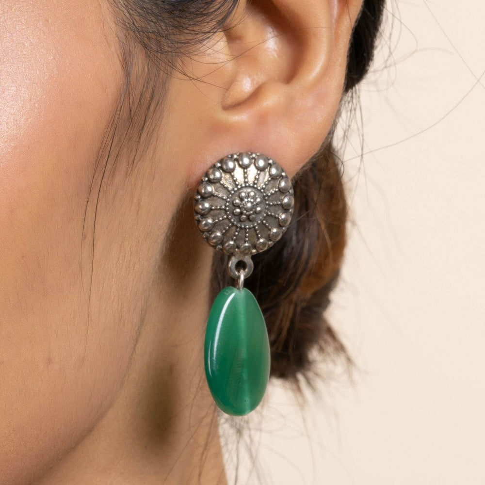 Handmade German Silver Round Stud Earrings with Green Semi Precious Agate Stone - Lookandadorn.com