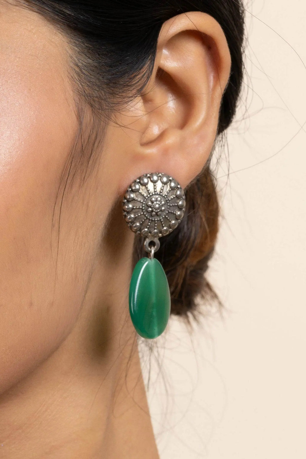 Handmade German Silver Round Stud Earrings with Green Semi Precious Agate Stone - Lookandadorn.com