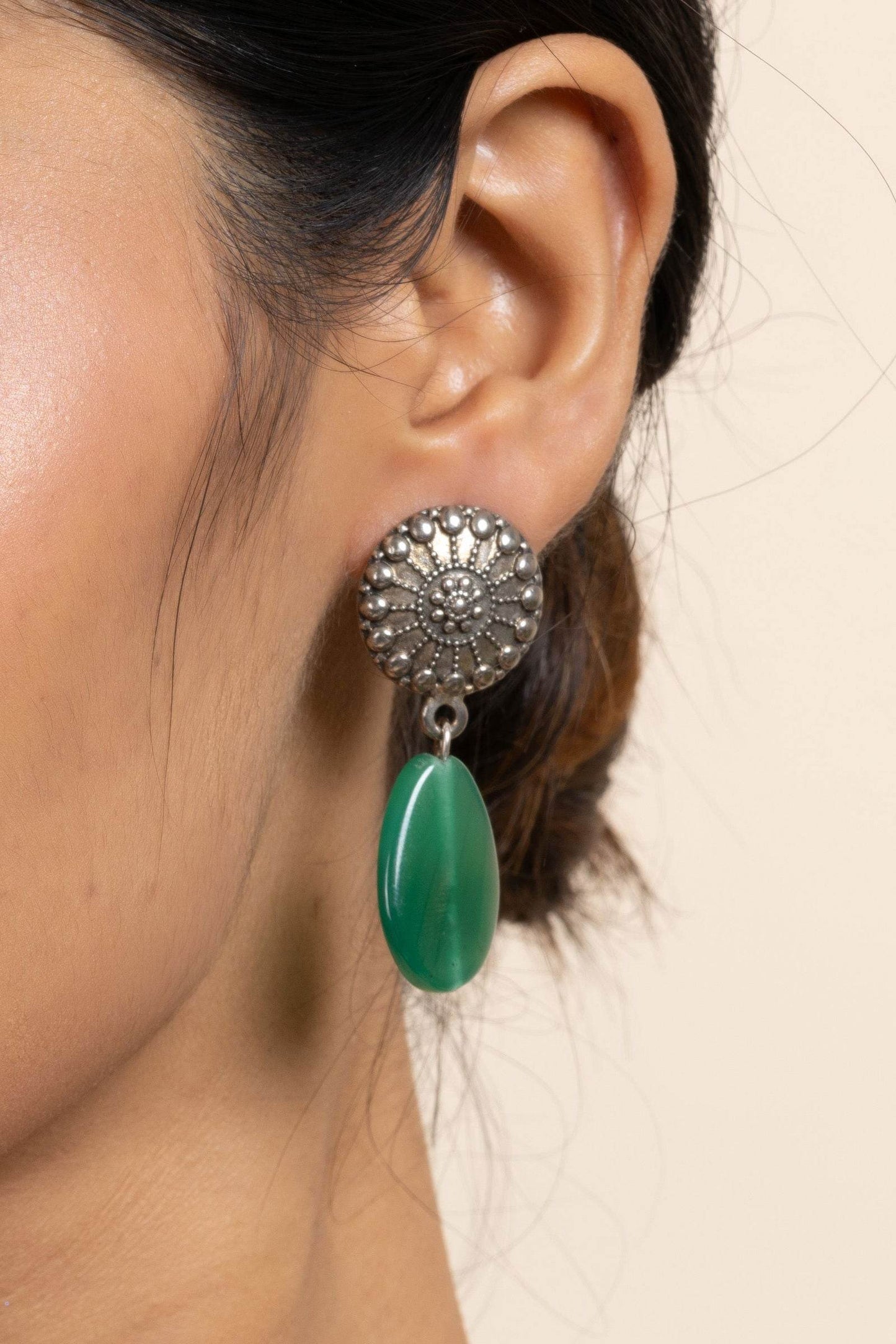 Handmade German Silver Round Stud Earrings with Green Semi Precious Agate Stone - Lookandadorn.com