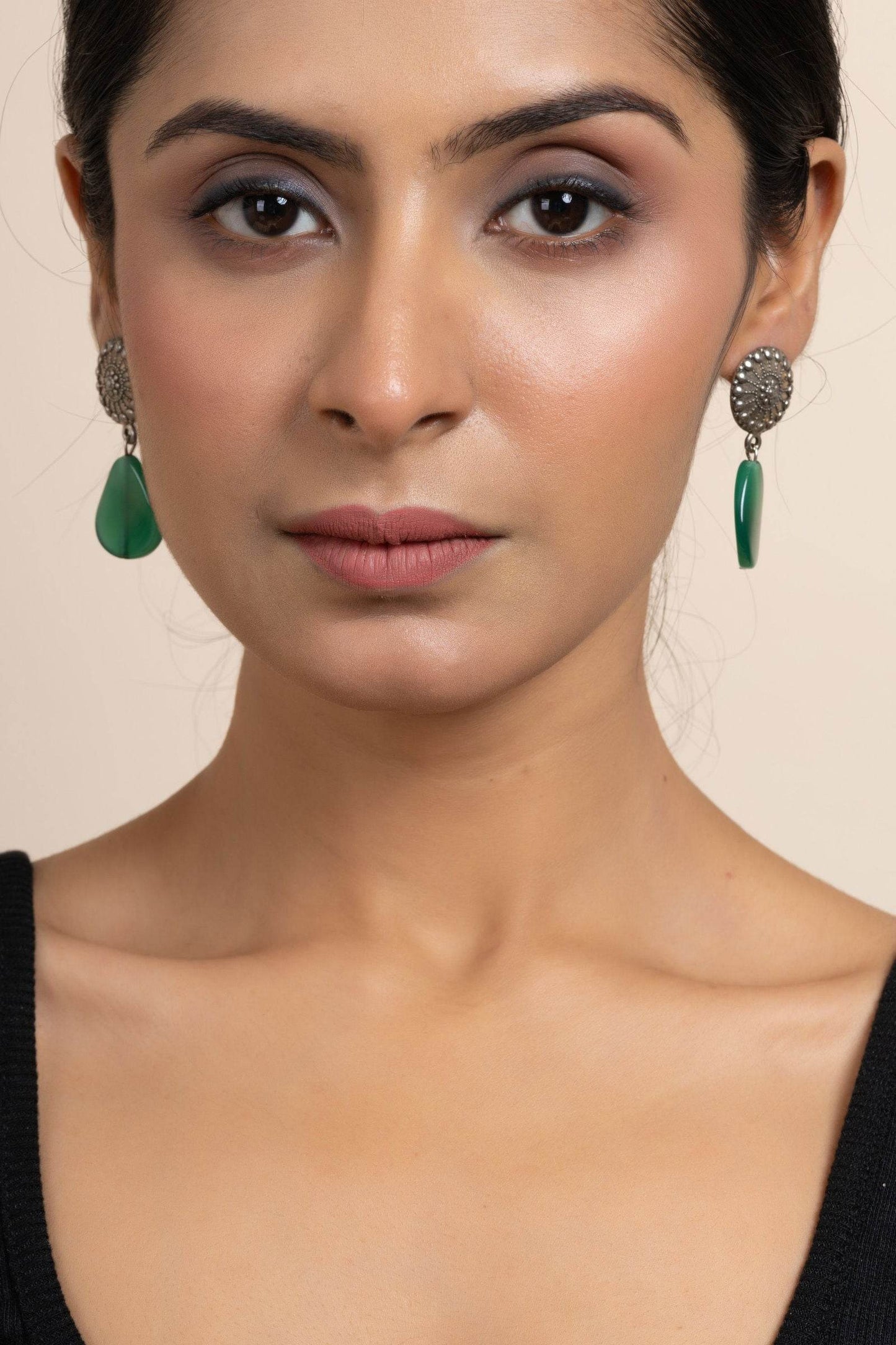 Handmade German Silver Round Stud Earrings with Green Semi Precious Agate Stone - Lookandadorn.com