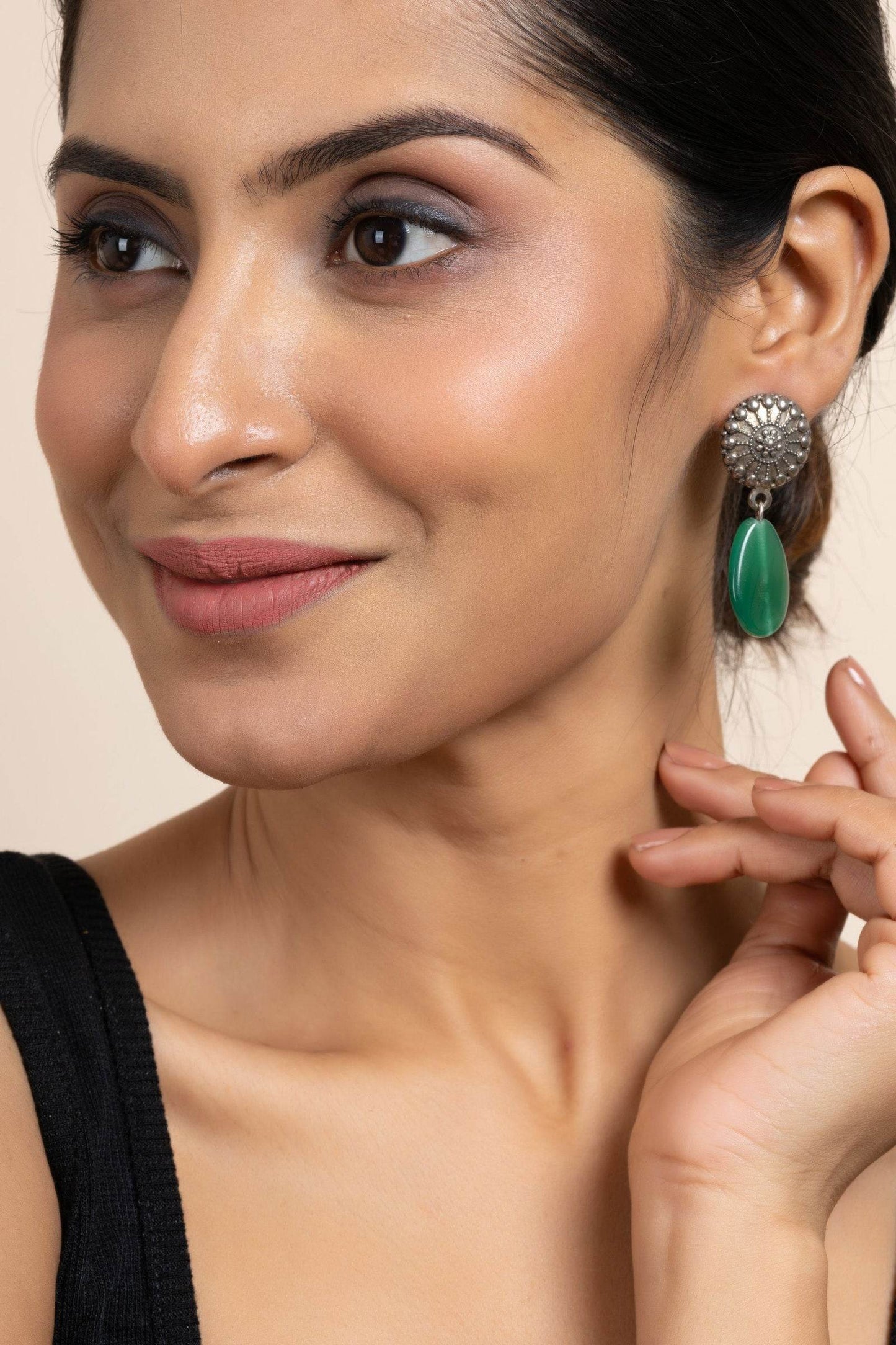 Handmade German Silver Round Stud Earrings with Green Semi Precious Agate Stone - Lookandadorn.com