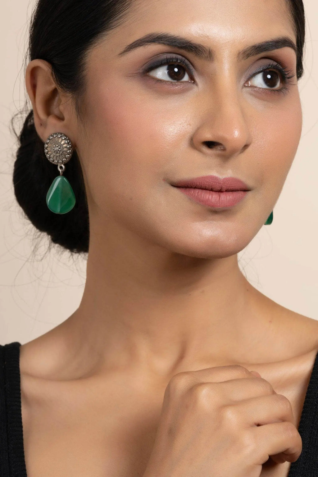Handmade German Silver Round Stud Earrings with Green Semi Precious Agate Stone - Lookandadorn.com