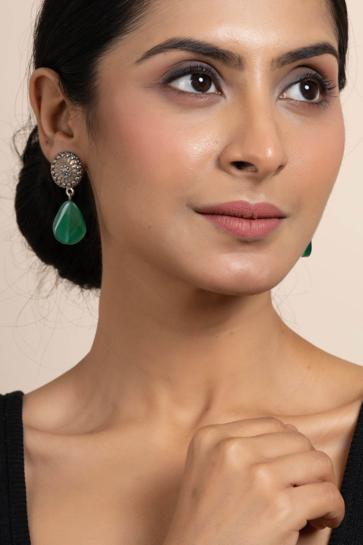 Handmade German Silver Round Stud Earrings with Green Semi Precious Agate Stone - Lookandadorn.com
