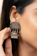 Handmade Oxidized German Silver Gita Mantra Jhumka Earrings