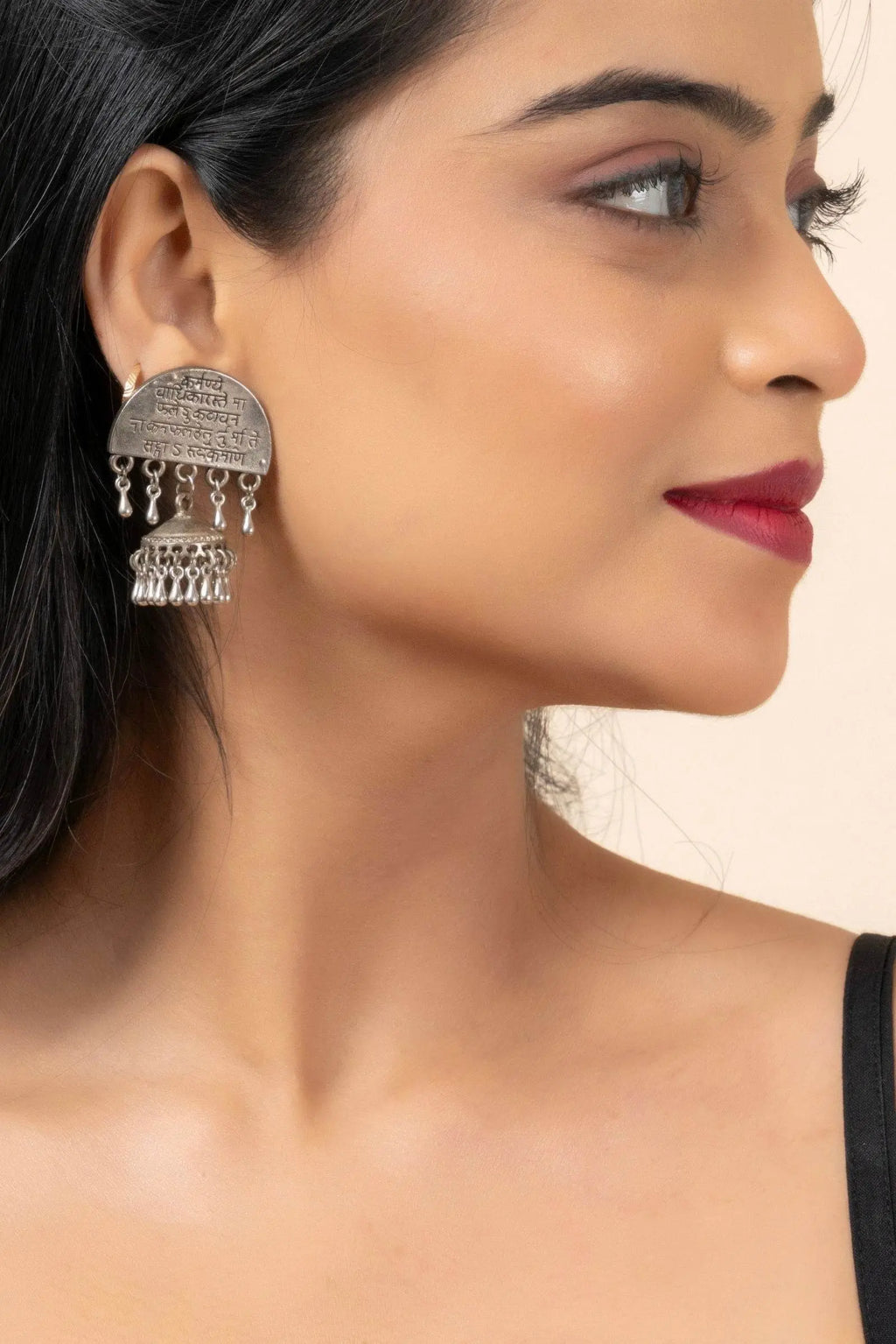 Handmade Oxidized Finish German Silver Scripted Gita Mantra Stud Jhumka Earrings - Lookandadorn.com