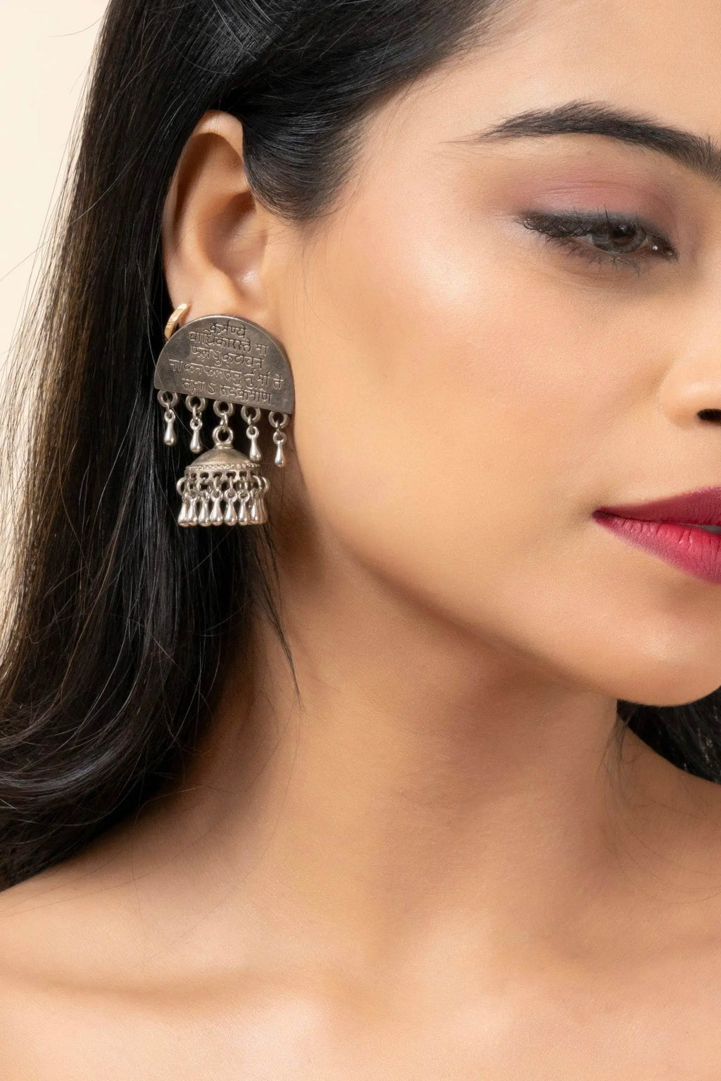 Handmade Oxidized Finish German Silver Scripted Gita Mantra Stud Jhumka Earrings - Lookandadorn.com