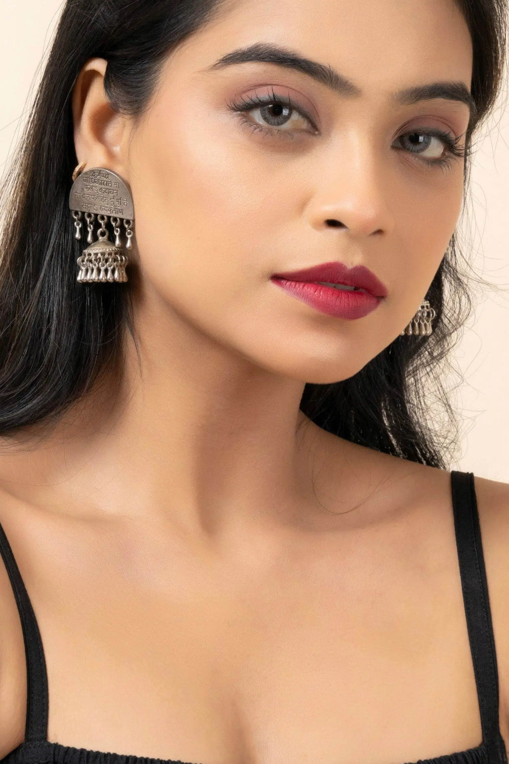 Handmade Oxidized Finish German Silver Scripted Gita Mantra Stud Jhumka Earrings - Lookandadorn.com