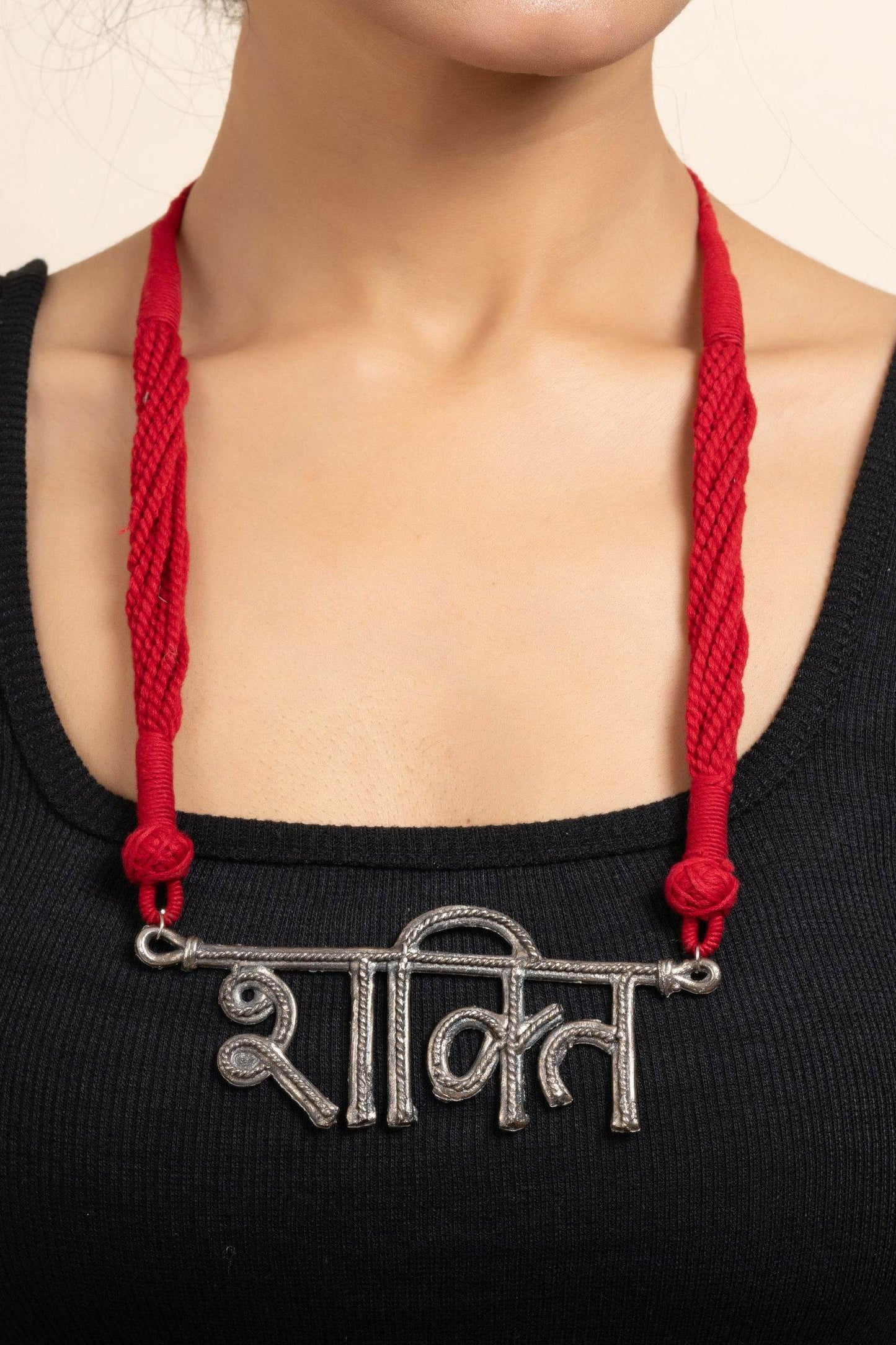 German Silver Shakti Pendant Necklace with Red Adjustable Dori - Elegant & Lightweight Jewelry for Women - Lookandadorn.com