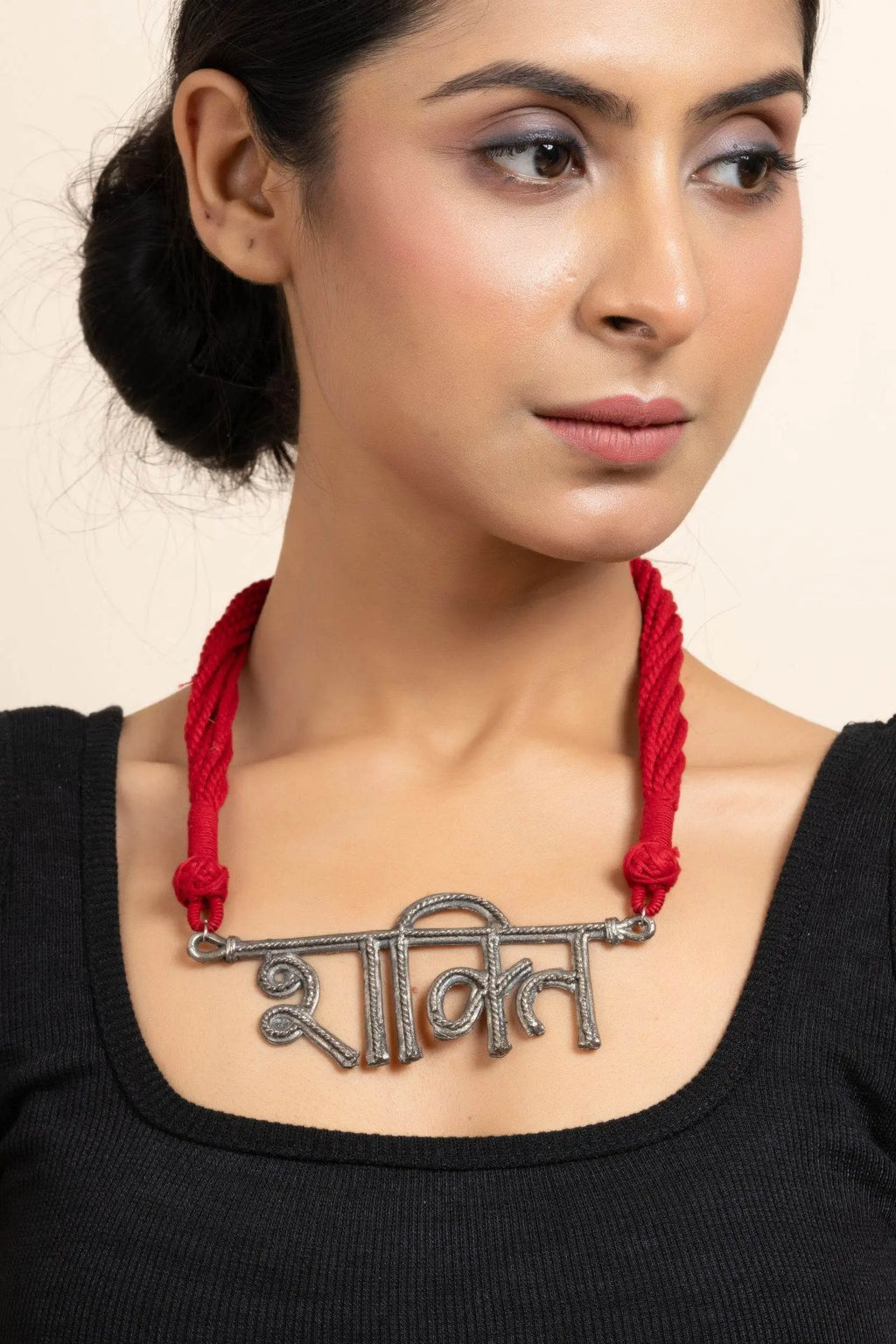 German Silver Shakti Pendant Necklace with Red Adjustable Dori - Elegant & Lightweight Jewelry for Women - Lookandadorn.com