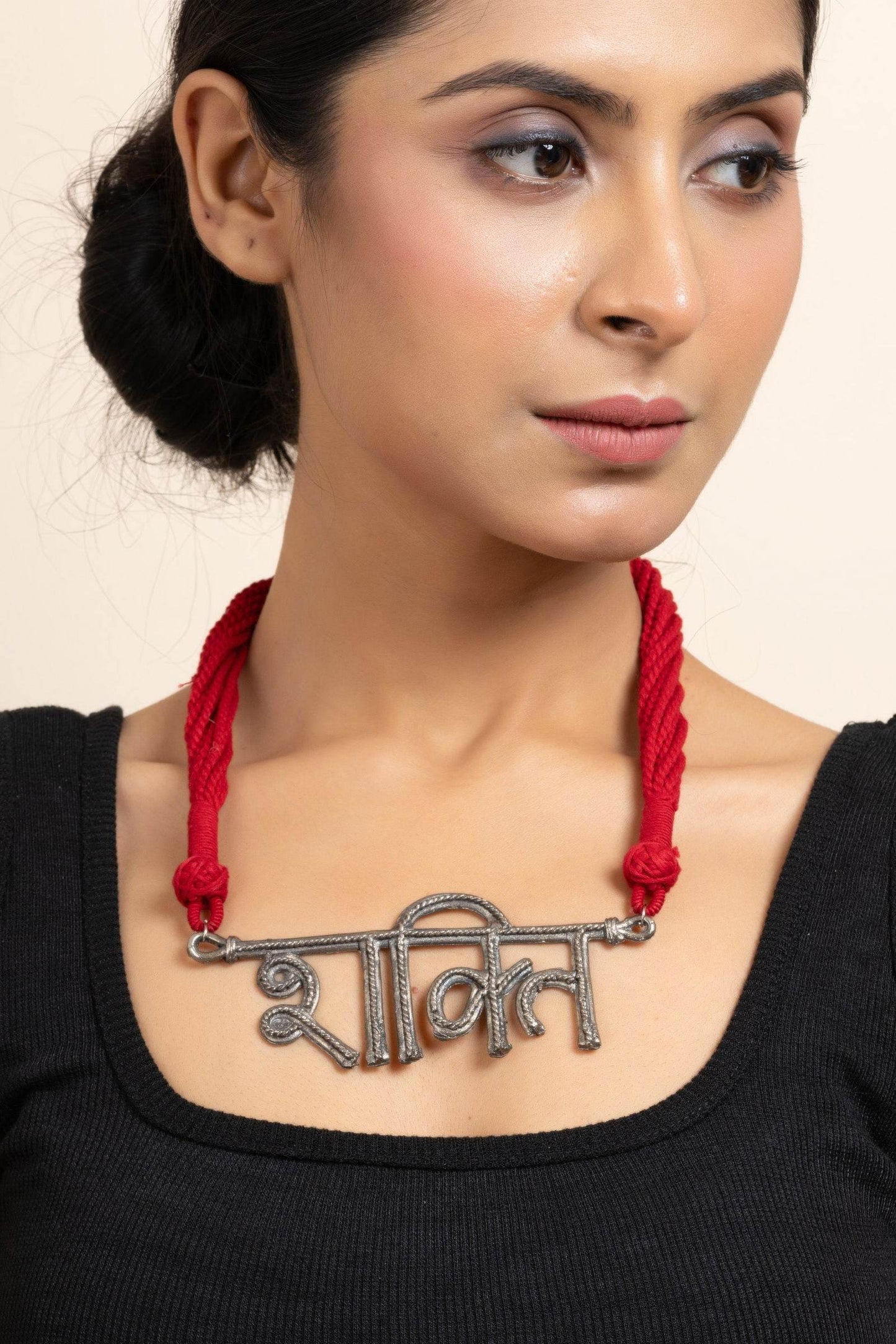 German Silver Shakti Pendant Necklace with Red Adjustable Dori - Elegant & Lightweight Jewelry for Women - Lookandadorn.com