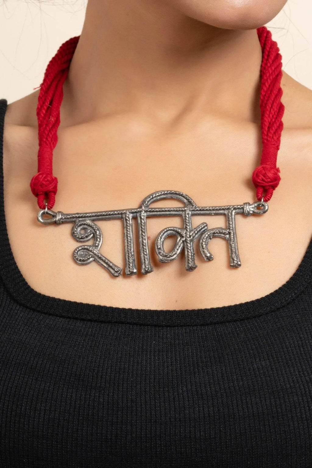 German Silver Shakti Pendant Necklace with Red Adjustable Dori - Elegant & Lightweight Jewelry for Women - Lookandadorn.com