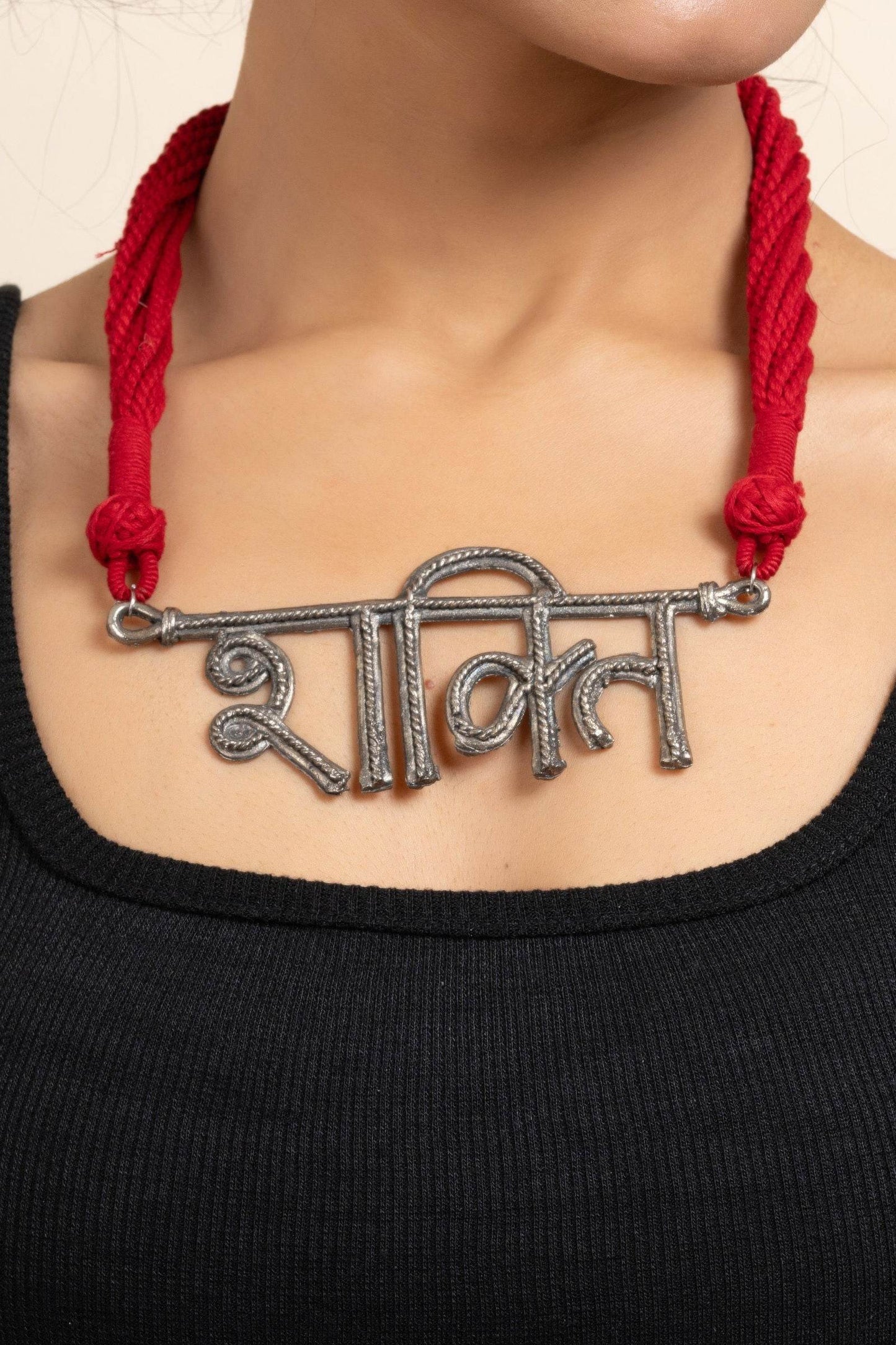 German Silver Shakti Pendant Necklace with Red Adjustable Dori - Elegant & Lightweight Jewelry for Women - Lookandadorn.com