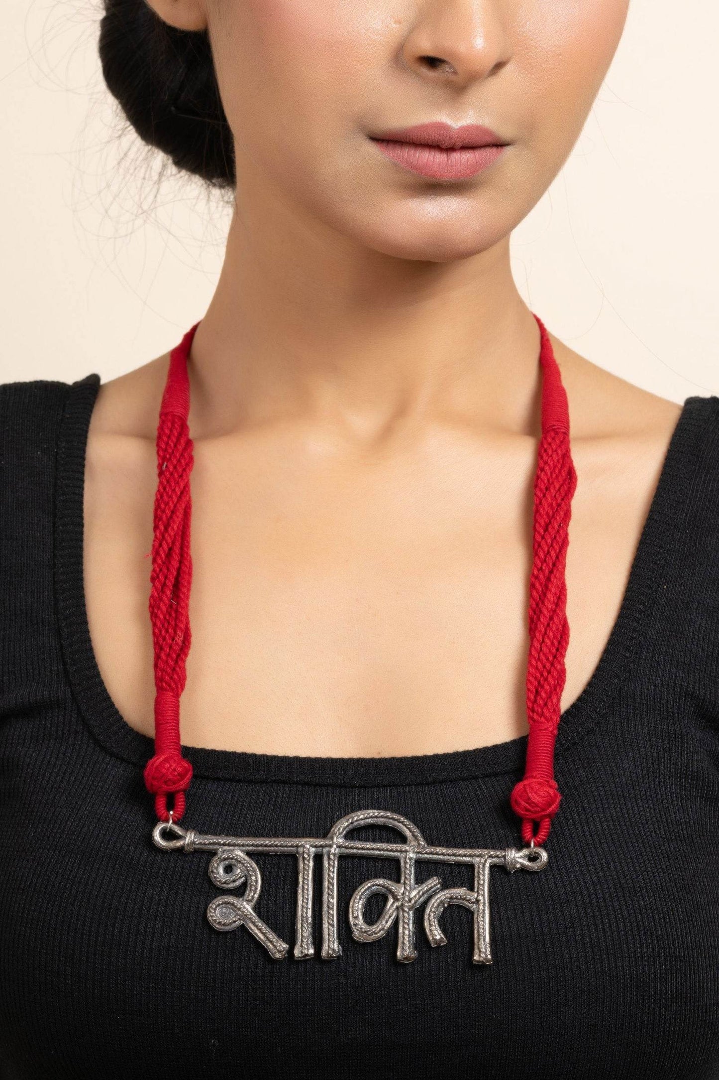 German Silver Shakti Pendant Necklace with Red Adjustable Dori - Elegant & Lightweight Jewelry for Women - Lookandadorn.com