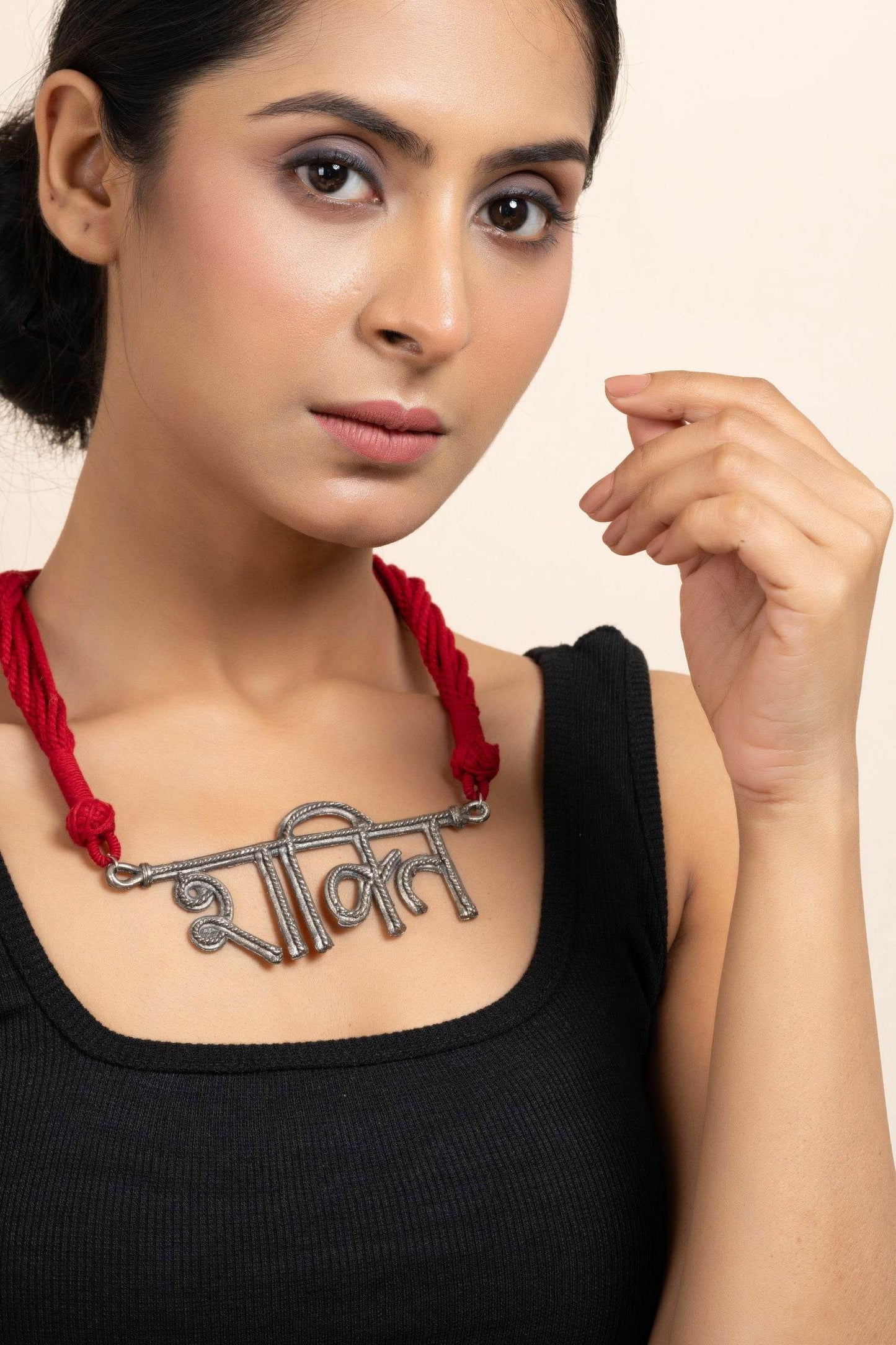 German Silver Shakti Pendant Necklace with Red Adjustable Dori - Elegant & Lightweight Jewelry for Women - Lookandadorn.com