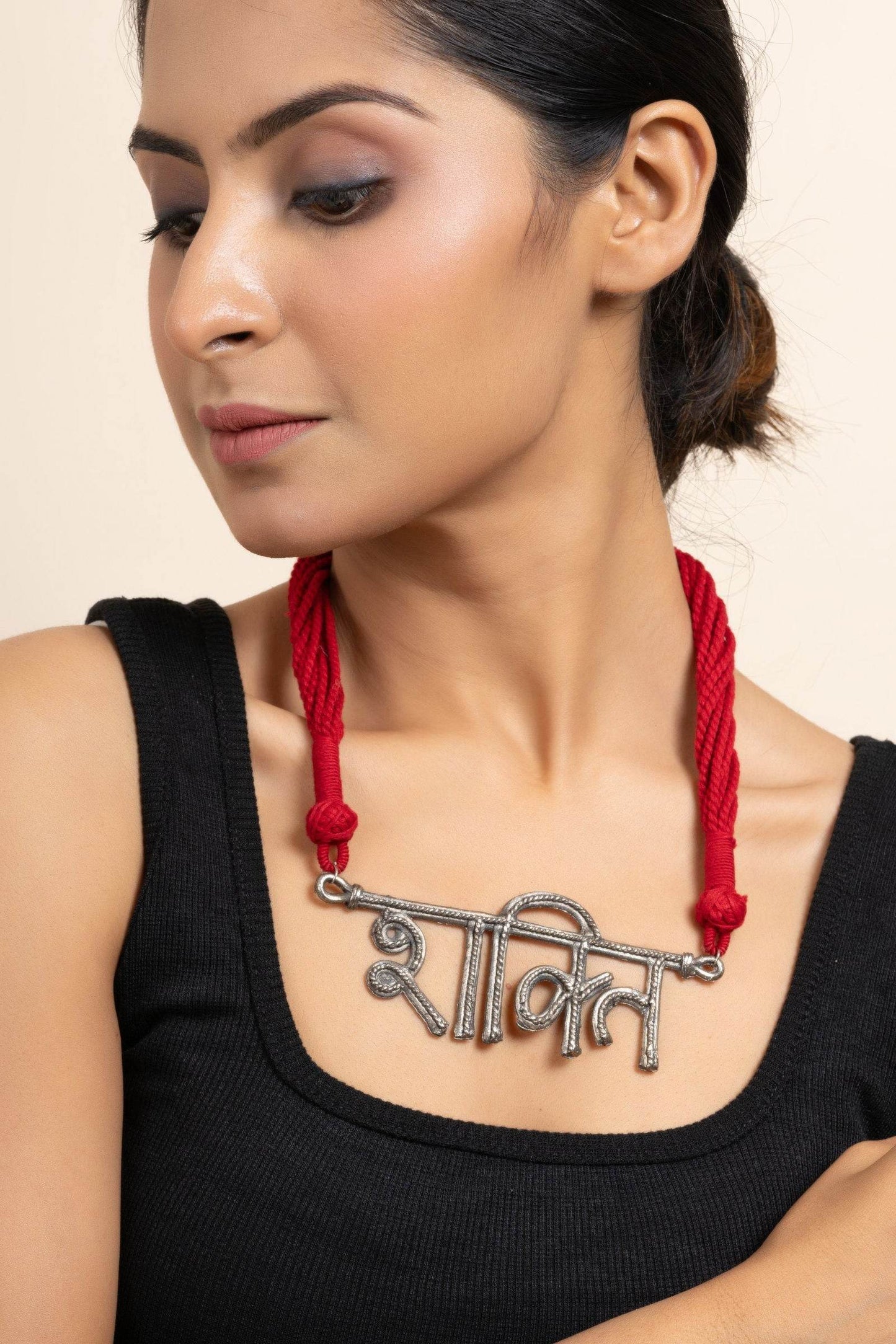 German Silver Shakti Pendant Necklace with Red Adjustable Dori - Elegant & Lightweight Jewelry for Women - Lookandadorn.com