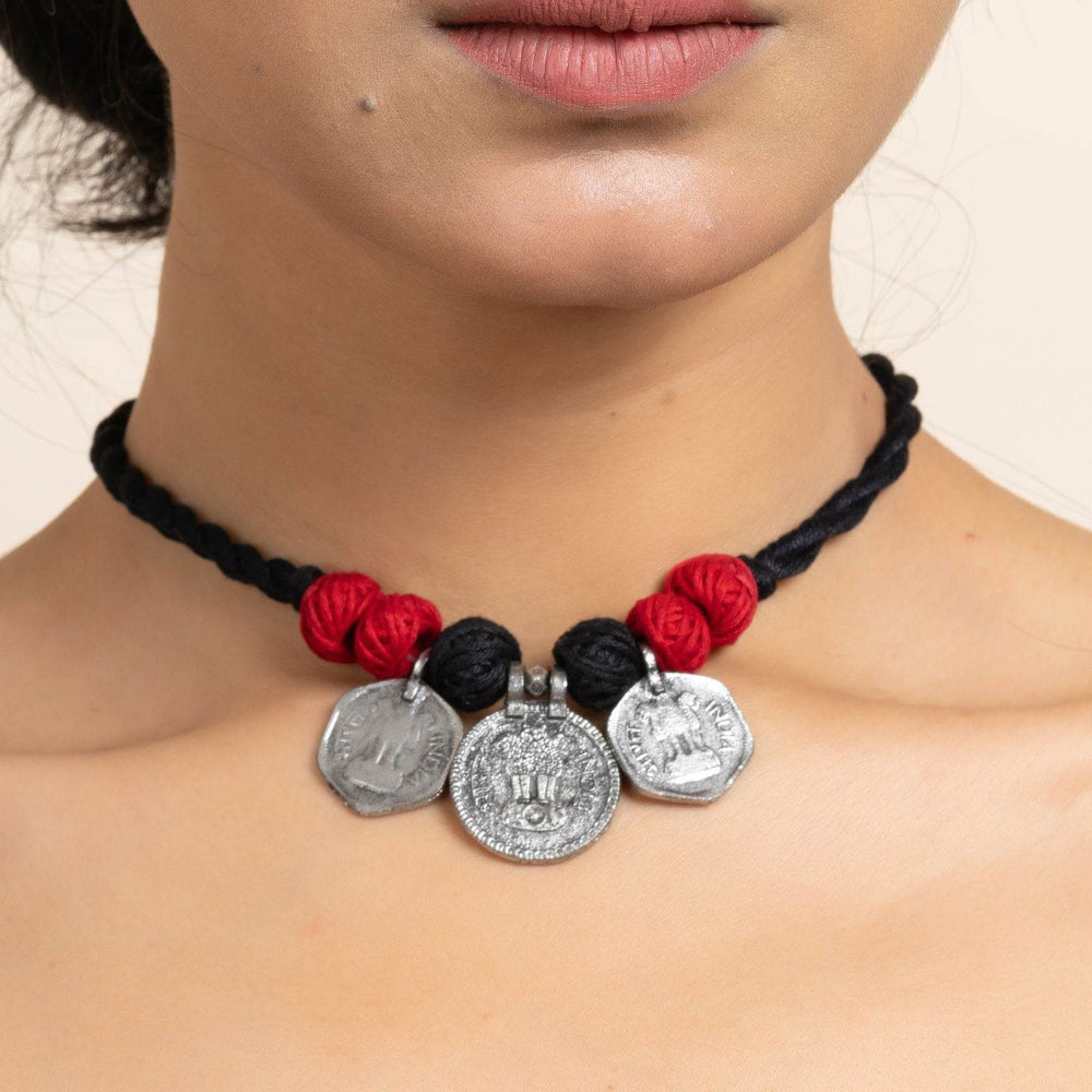 Handmade German Silver Choker Necklace With 3 Coins And Red Black Adjustable Dori - Unique Jewelry - Lookandadorn.com