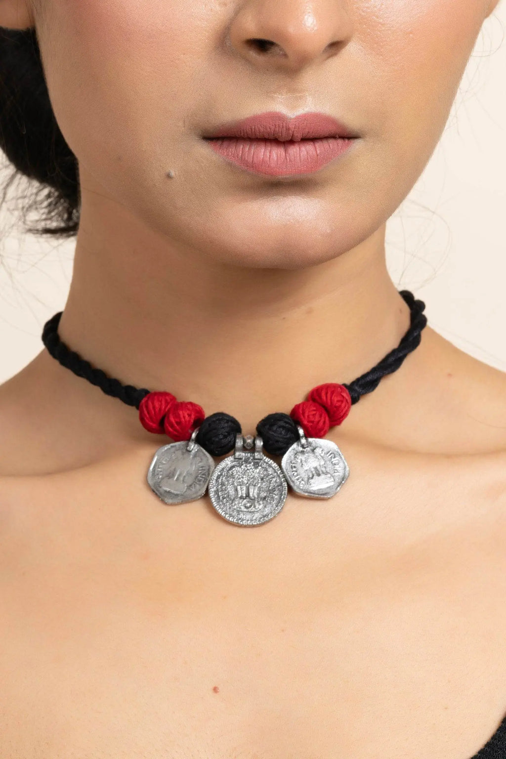 Handmade German Silver Choker Necklace With 3 Coins And Red Black Adjustable Dori - Unique Jewelry - Lookandadorn.com