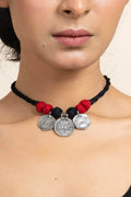 Handmade German Silver Choker Necklace With 3 Coins And Red Black Adjustable Dori - Unique Jewelry - Lookandadorn.com